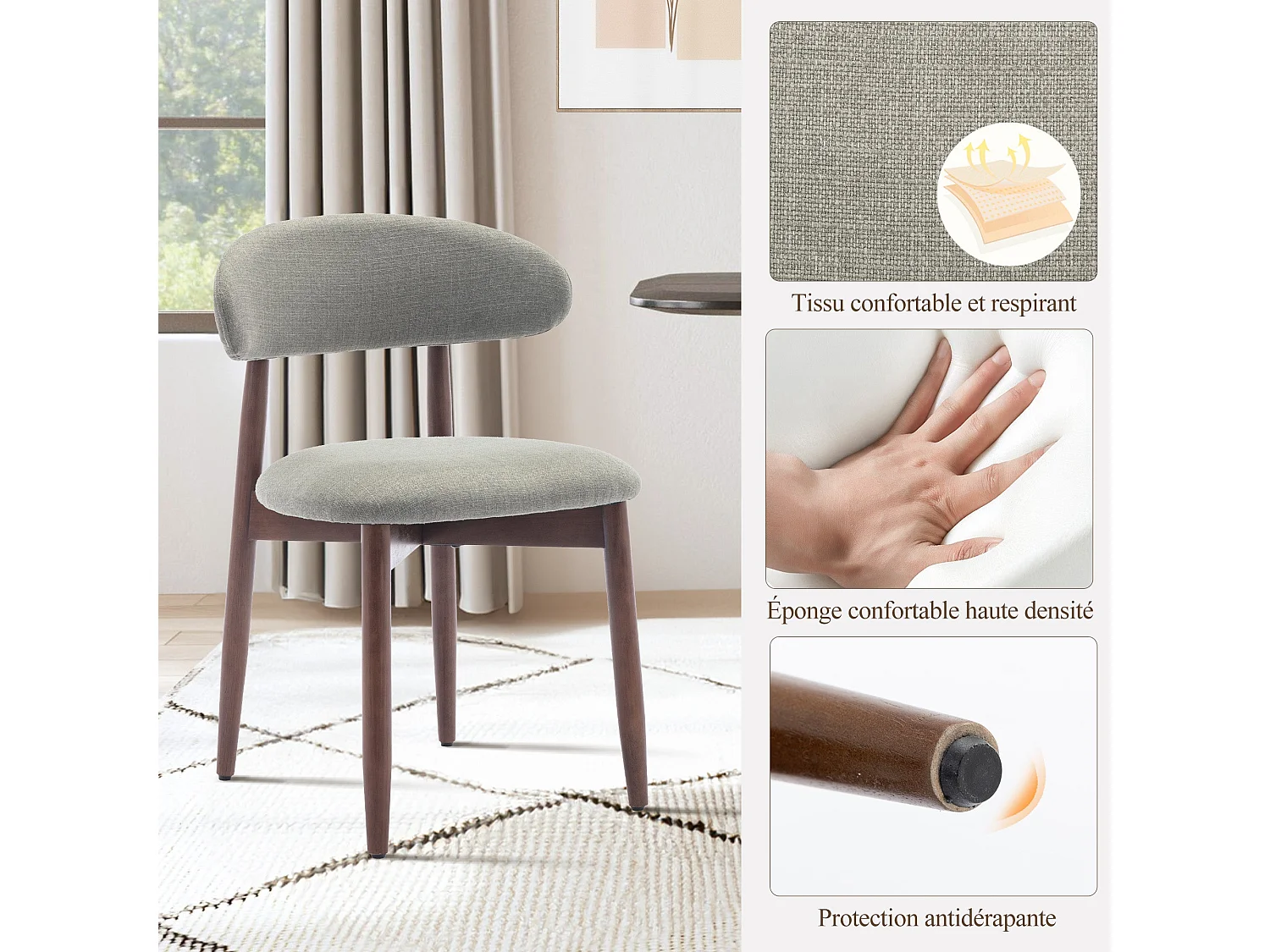 Lot de 6 chaises de salle à manger vert clair SMARTUE – Pieds en bois massif, dossier incurvé, assise en tissu