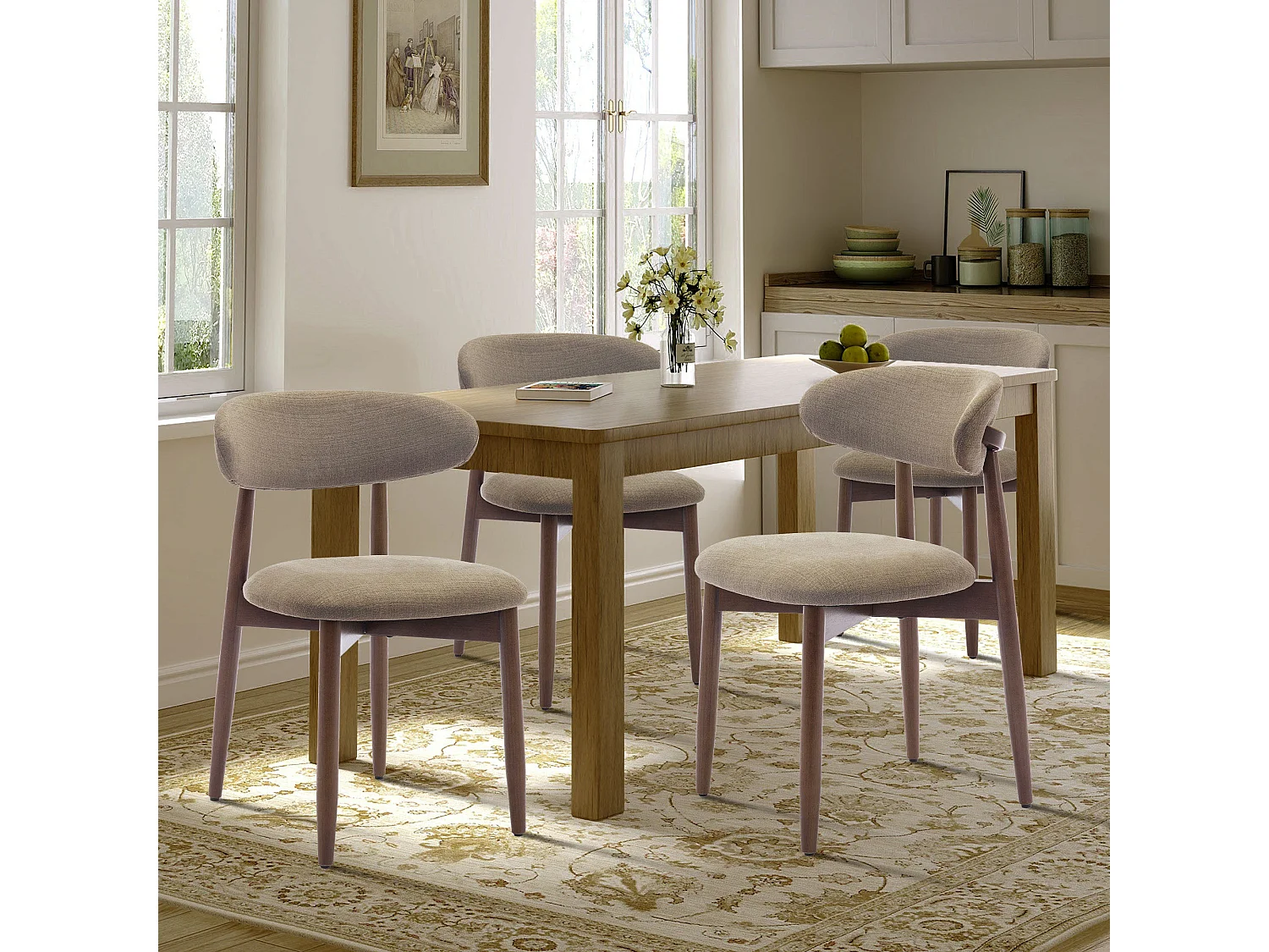 Set van 4 camel eetkamerstoelen SMARTUE – Massief houten poten, gebogen rugleuning, stoffen zitting