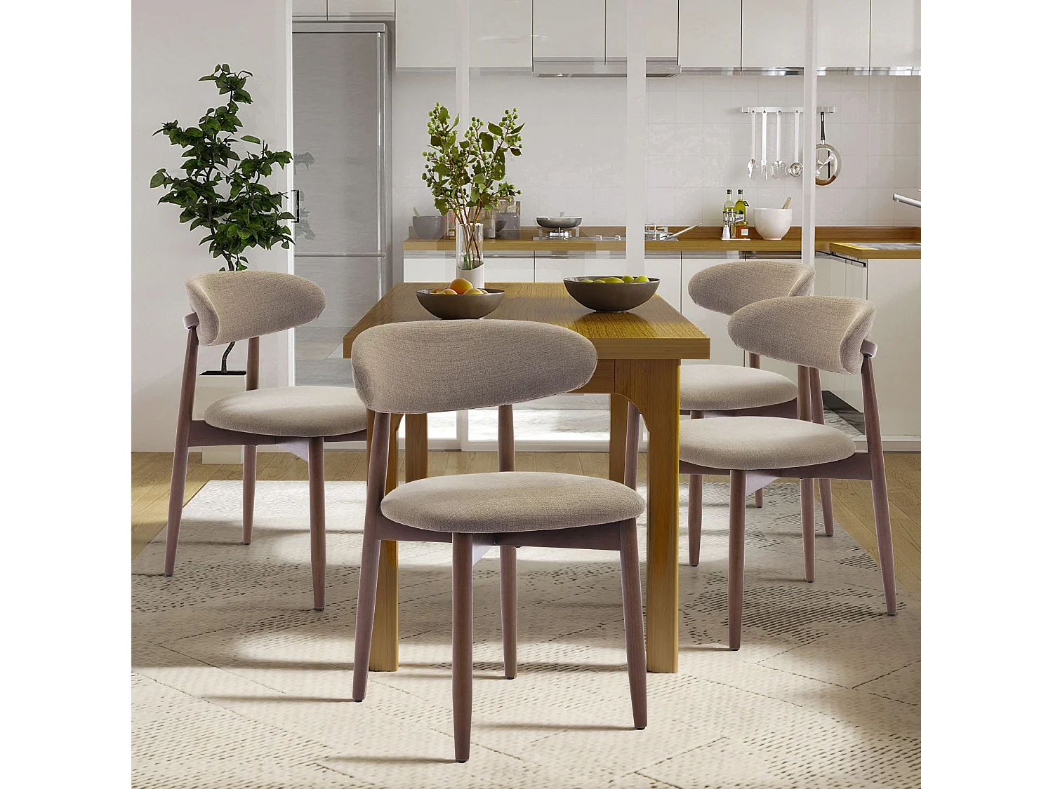 Set van 4 camel eetkamerstoelen SMARTUE – Massief houten poten, gebogen rugleuning, stoffen zitting