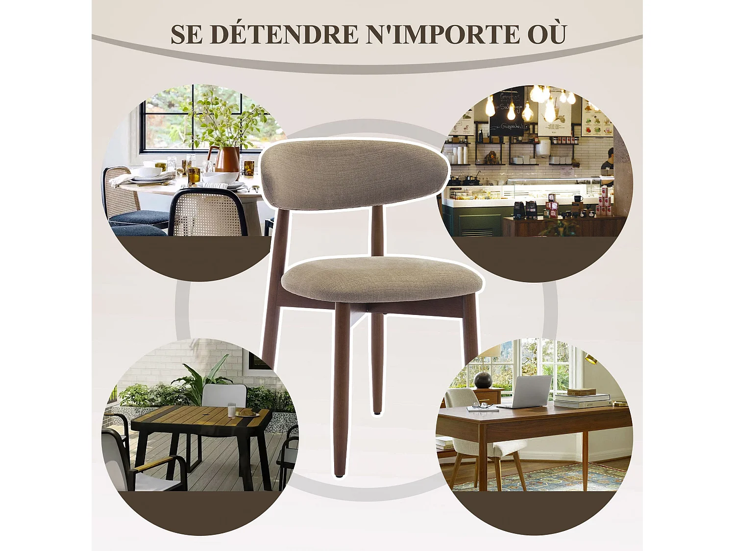 Set van 4 camel eetkamerstoelen SMARTUE – Massief houten poten, gebogen rugleuning, stoffen zitting