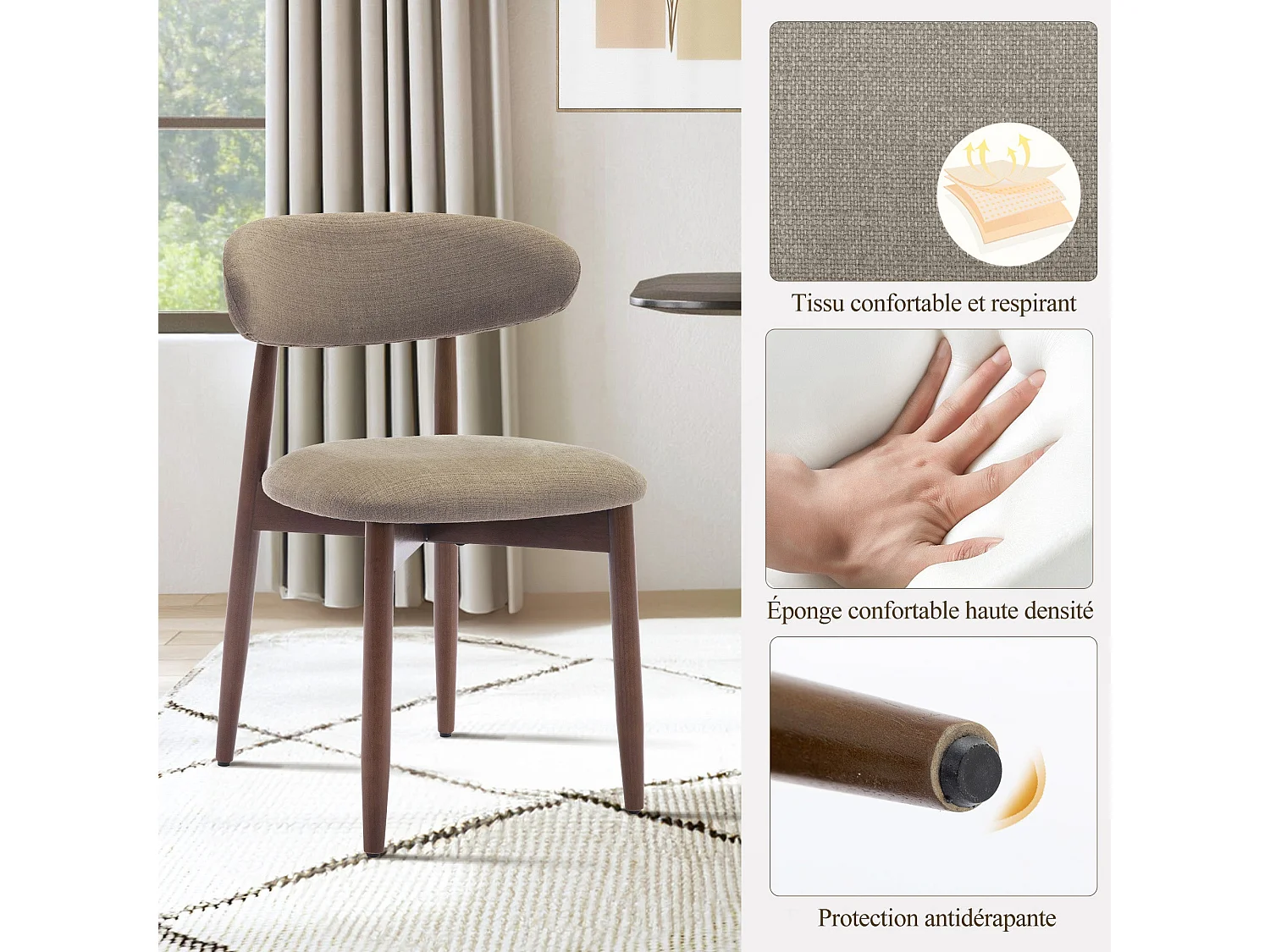 Lot de 4 chaises de salle à manger camel SMARTUE – Pieds en bois massif, dossier incurvé, assise en tissu