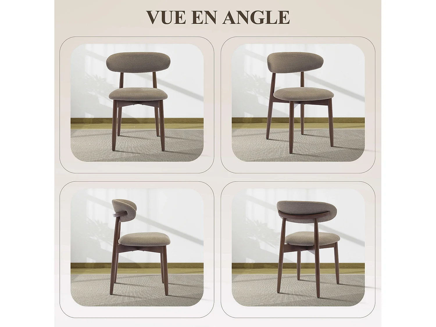 Lot de 4 chaises de salle à manger camel SMARTUE – Pieds en bois massif, dossier incurvé, assise en tissu