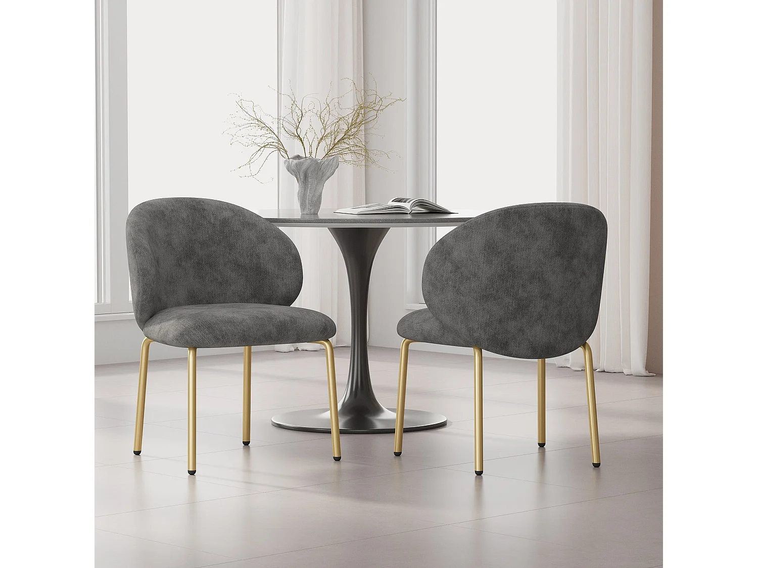 Grijze toilettestoel, van chenille, gouden poten, L47,5 × D56 × H74 cm