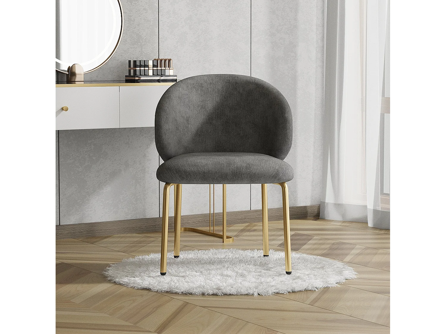 Grijze toilettestoel, van chenille, gouden poten, L47,5 × D56 × H74 cm