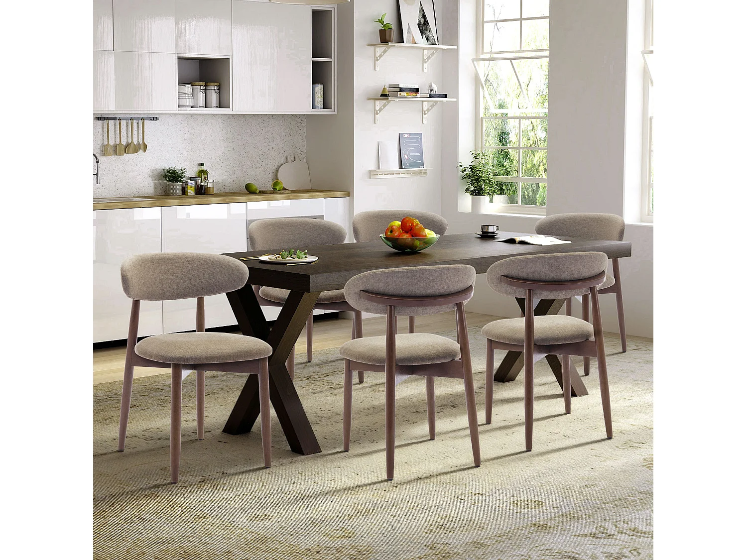 Lot de 6 chaises de salle à manger camel SMARTUE – Pieds en bois massif, dossier incurvé, assise en tissu