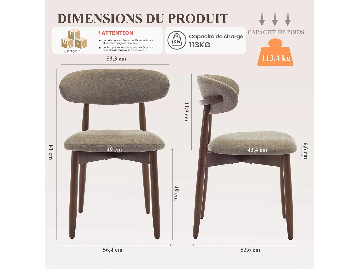 Lot de 6 chaises de salle à manger camel SMARTUE – Pieds en bois massif, dossier incurvé, assise en tissu