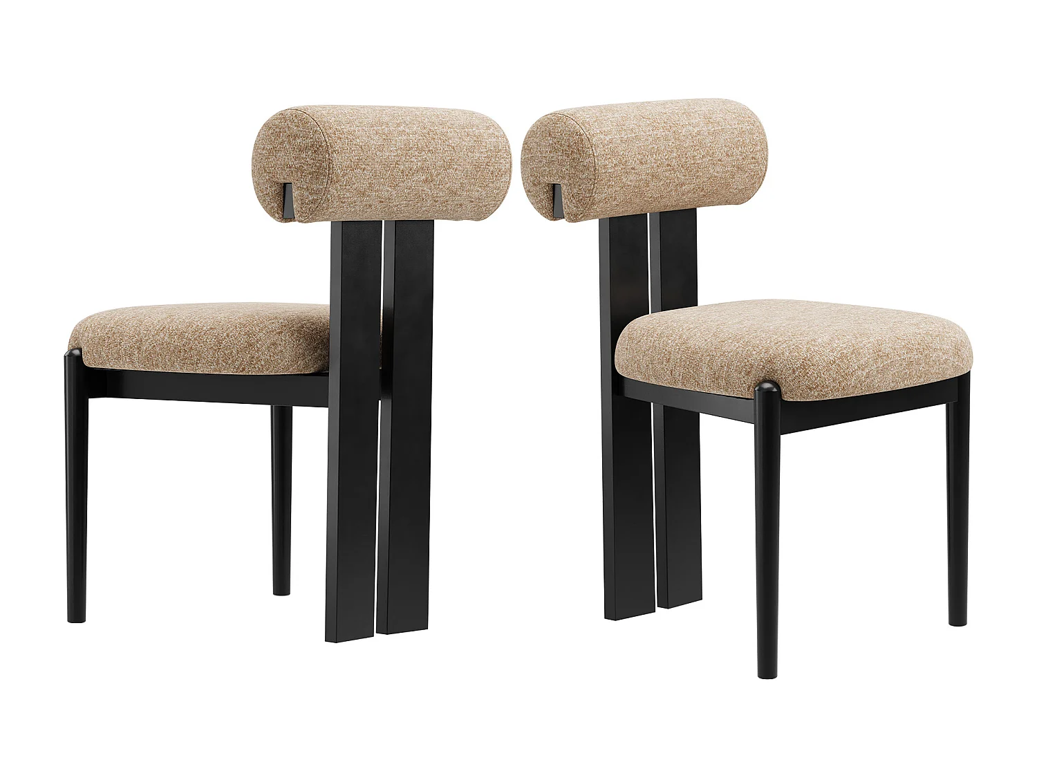 Lot de 2 chaises de salle à manger modernes, dossier cylindrique, cadre en bois, pieds bois noir, Camel