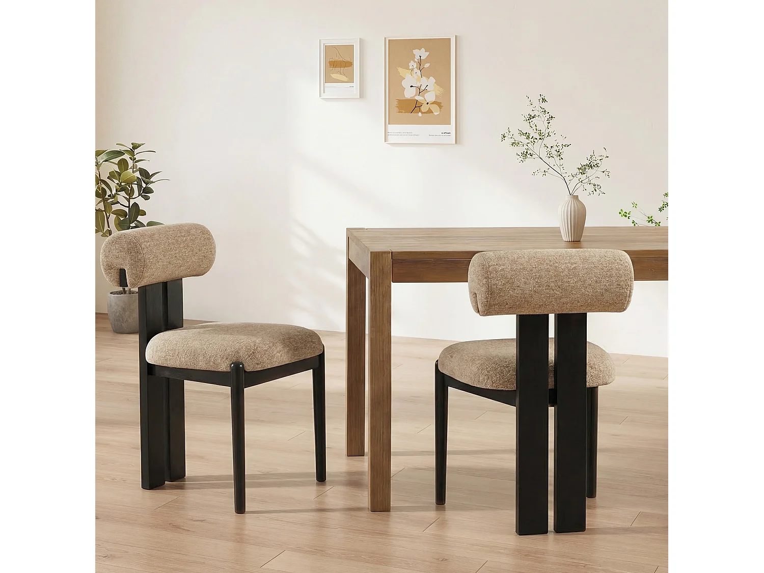 Lot de 2 chaises de salle à manger modernes, dossier cylindrique, cadre en bois, pieds bois noir, Camel