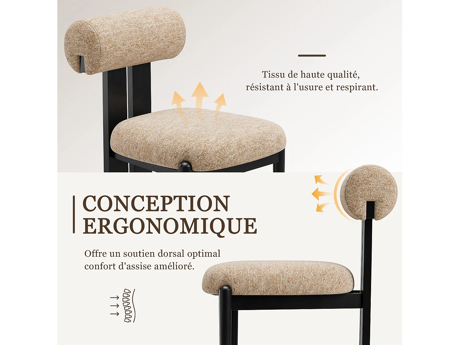 Lot de 2 chaises de salle à manger modernes, dossier cylindrique, cadre en bois, pieds bois noir, Camel