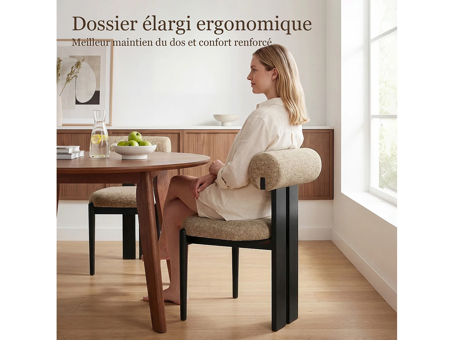 Lot de 2 chaises de salle à manger modernes, dossier cylindrique, cadre en bois, pieds bois noir, Camel