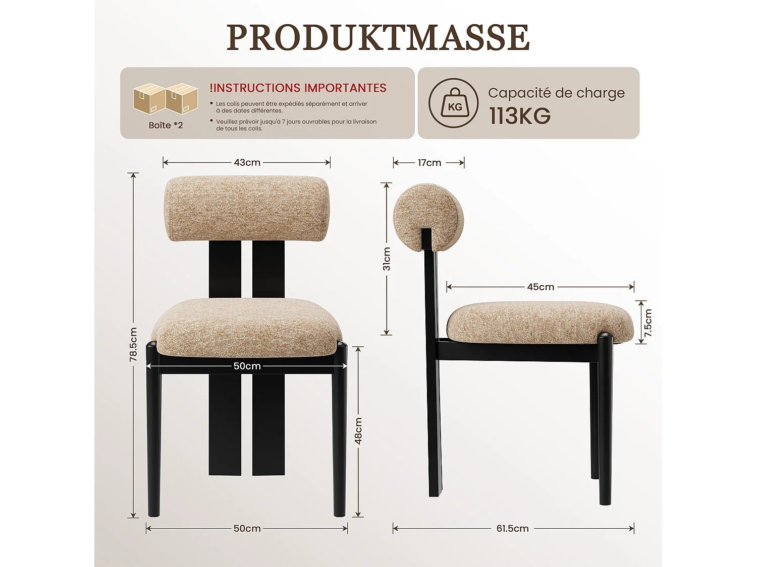 Lot de 2 chaises de salle à manger modernes, dossier cylindrique, cadre en bois, pieds bois noir, Camel