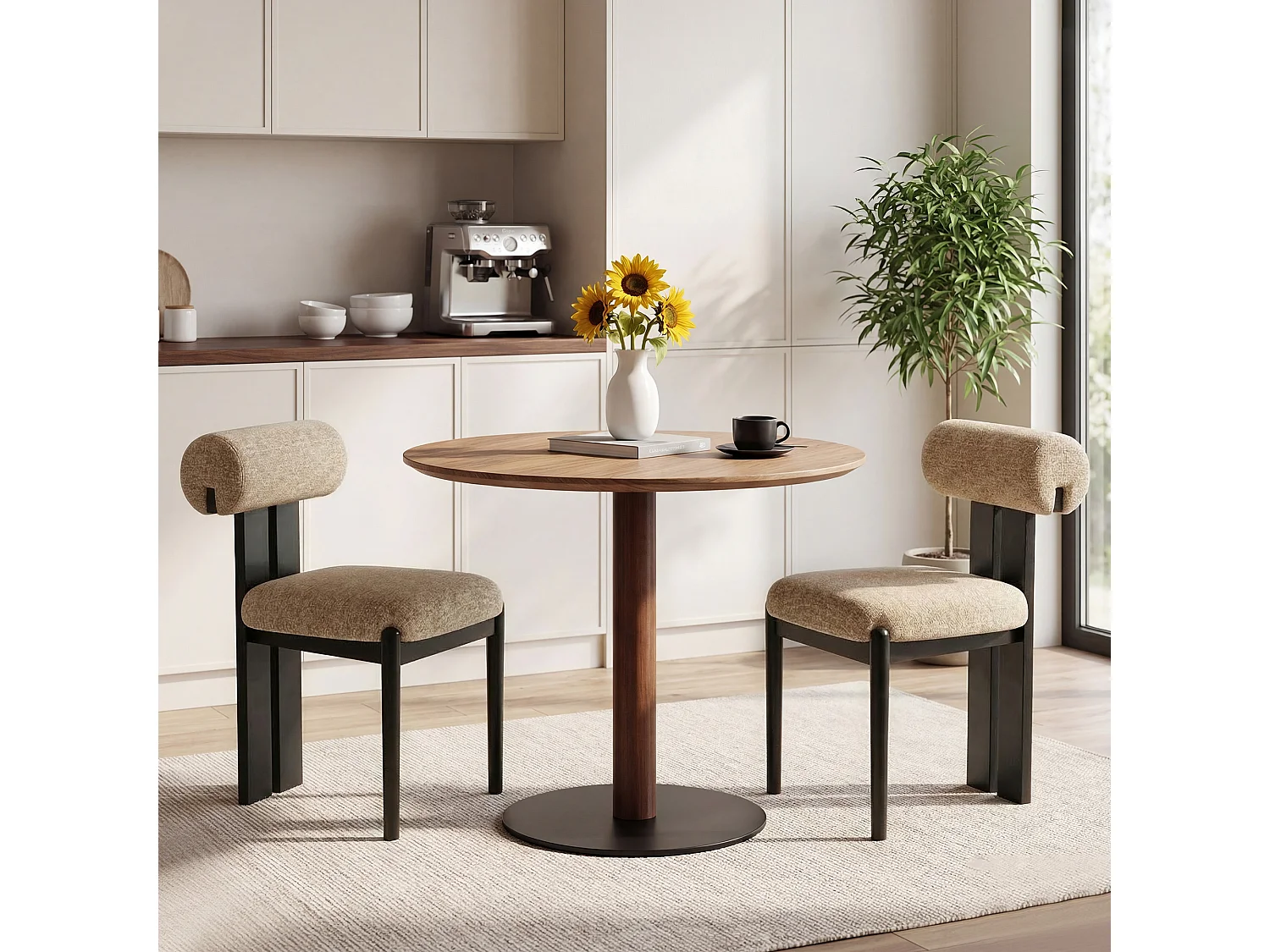 Lot de 2 chaises de salle à manger modernes, dossier cylindrique, cadre en bois, pieds bois noir, Camel