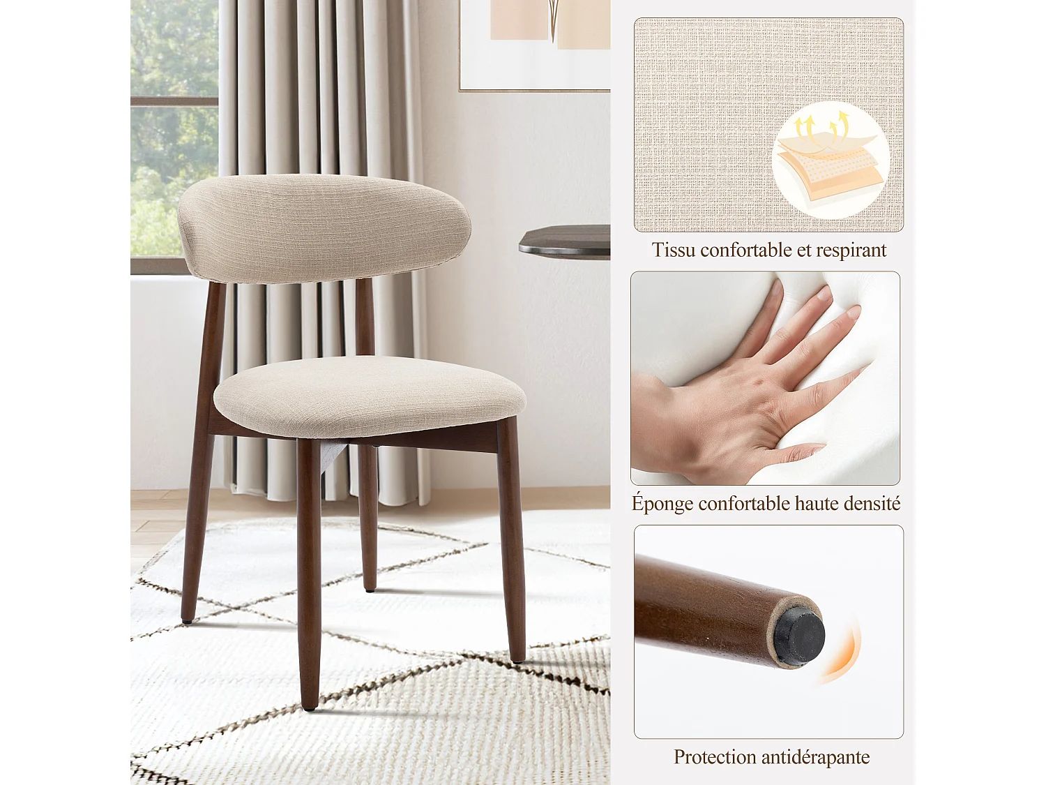 4er-Set Esszimmerstühle Beige SMARTUE – Beine aus Massivholz, gebogene Rückenlehne, Sitz aus Stoff