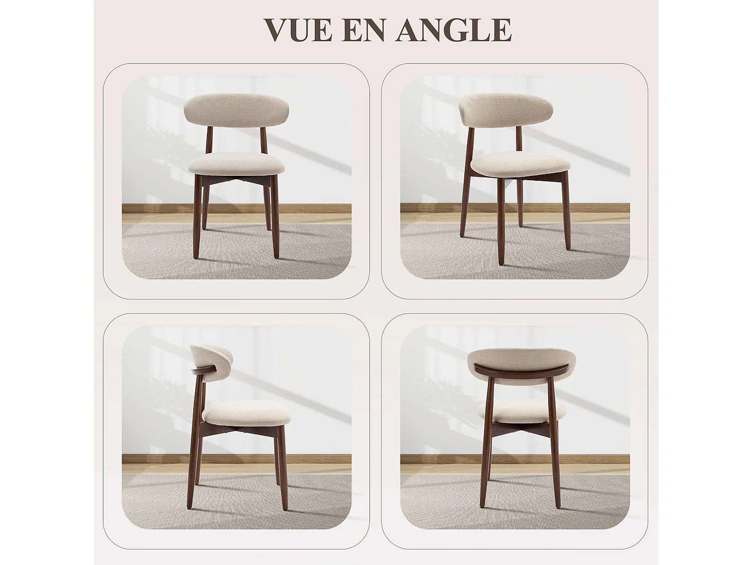 Lot de 4 chaises de salle à manger beige SMARTUE – Pieds en bois massif, dossier incurvé, assise en tissu