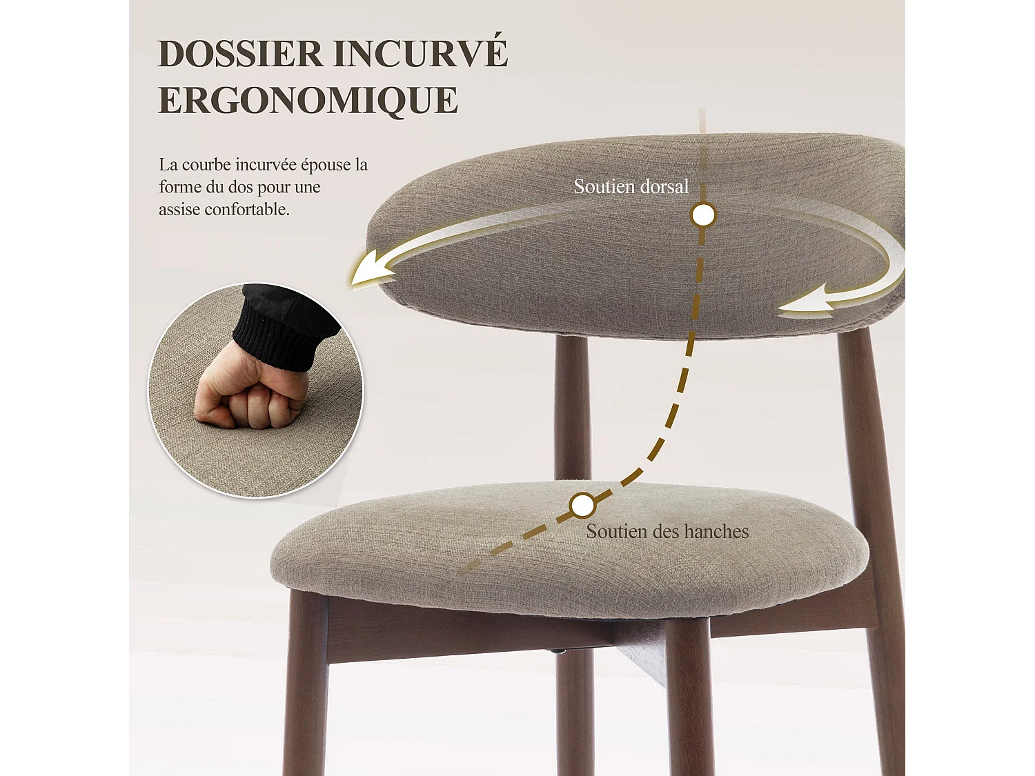 Lot de 2 chaises de salle à manger camel SMARTUE – Pieds en bois massif, dossier incurvé, assise en tissu