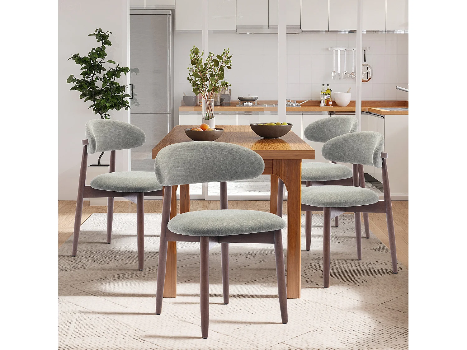 Set van 4 lichtgroene eetkamerstoelen SMARTUE – Massief houten poten, gebogen rugleuning, stoffen zitting