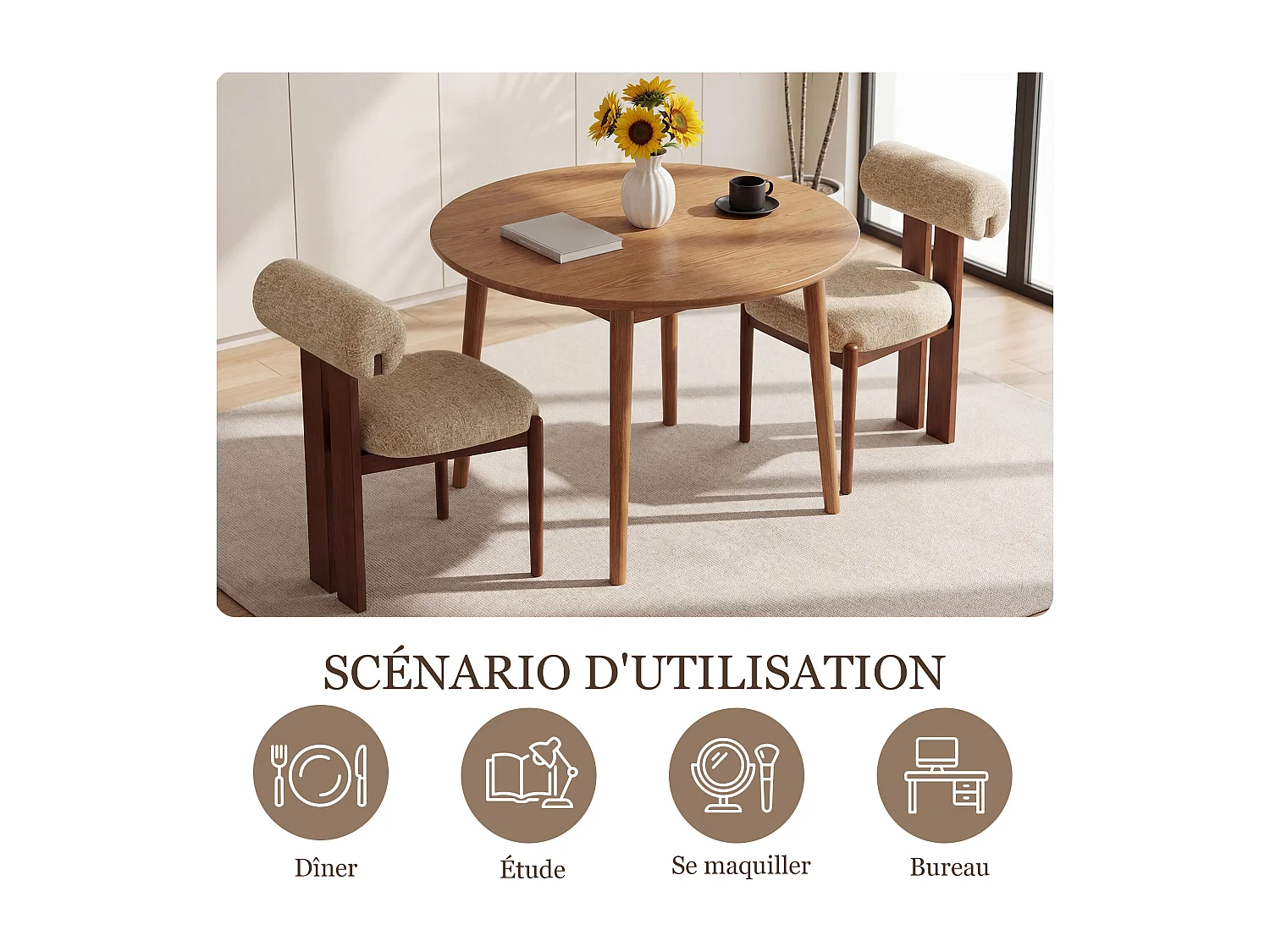 Lot de 2 chaises de salle à manger modernes, dossier cylindrique, cadre en bois, pieds noyer foncé,  Camel