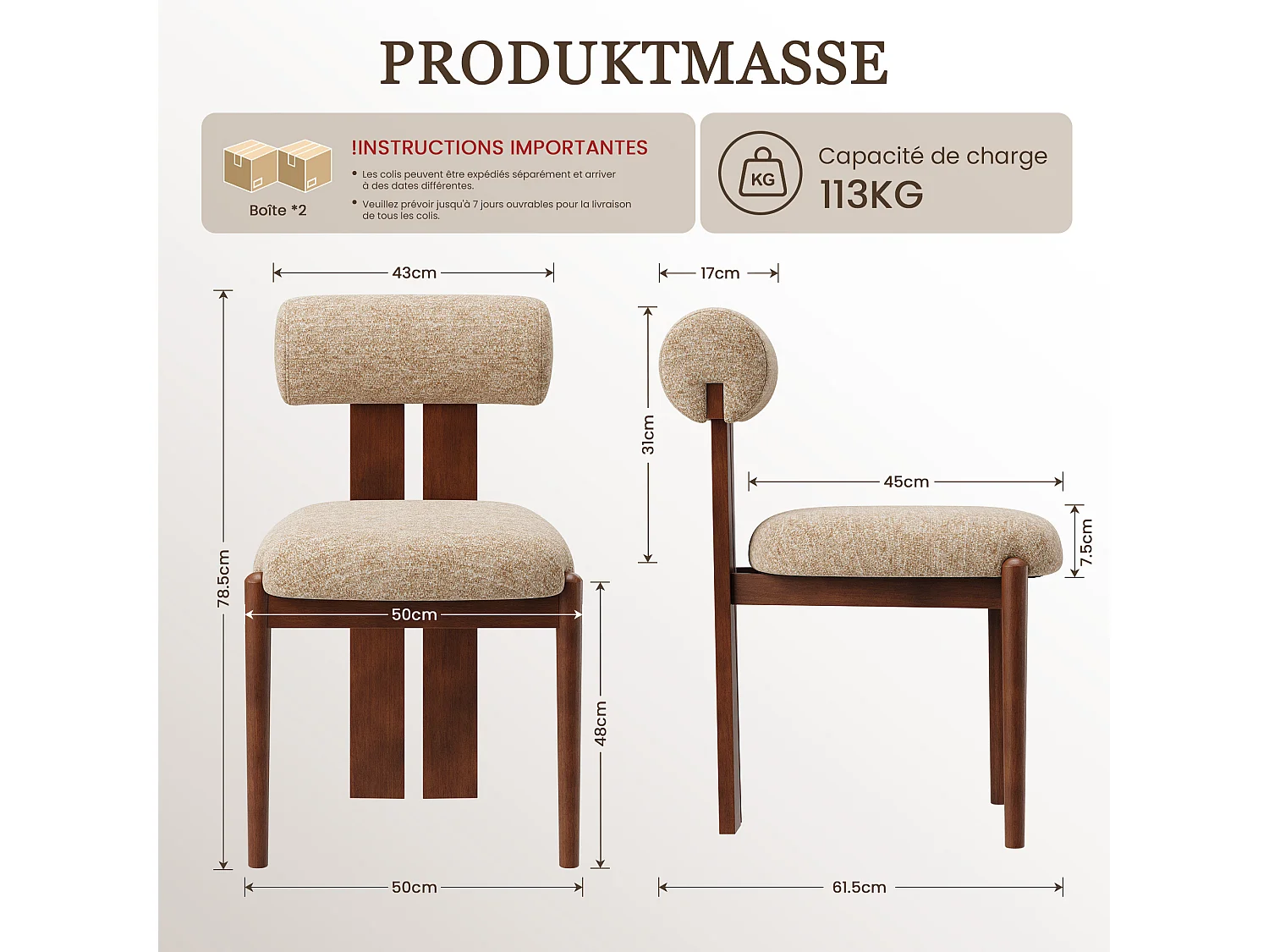 Lot de 2 chaises de salle à manger modernes, dossier cylindrique, cadre en bois, pieds noyer foncé,  Camel