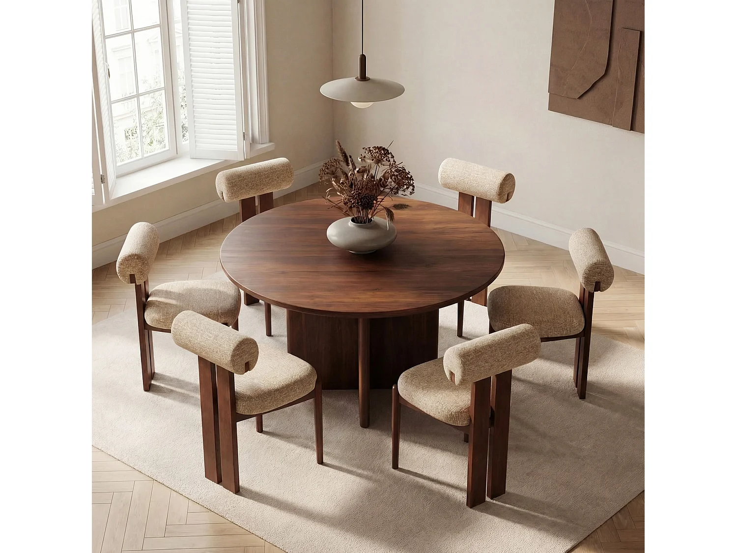 Lot de 2 chaises de salle à manger modernes, dossier cylindrique, cadre en bois, pieds noyer foncé,  Camel