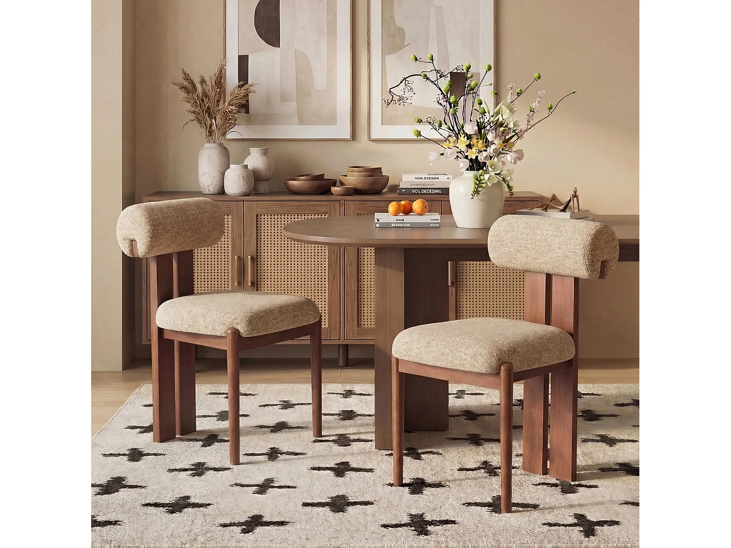 Lot de 2 chaises de salle à manger modernes, dossier cylindrique, cadre en bois, pieds noyer foncé,  Camel