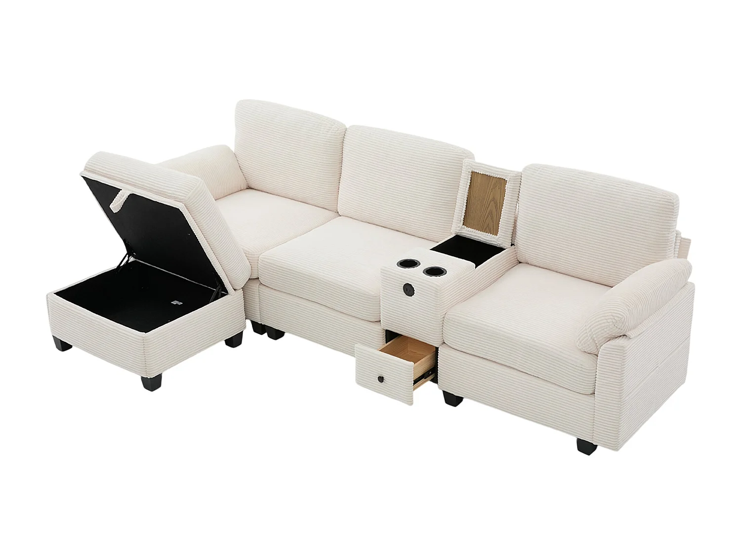 Canapé d’Angle en Velours Côtelé avec Pouf Coffre, Mousse Mémoire de Forme, Console Coulissante avec Porte-Gobelets, USB-C, Poches Latérales