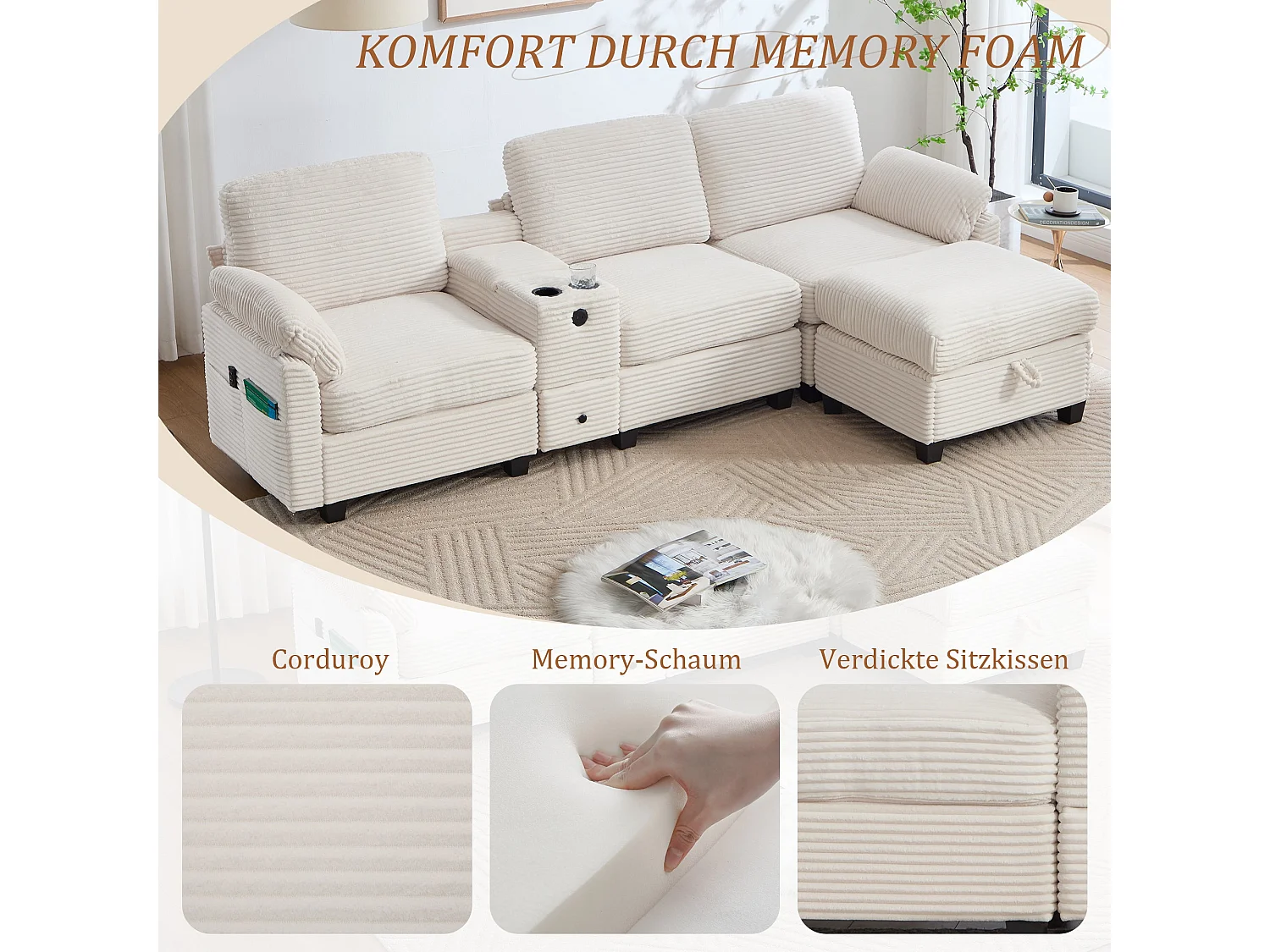 Canapé d’Angle en Velours Côtelé avec Pouf Coffre, Mousse Mémoire de Forme, Console Coulissante avec Porte-Gobelets, USB-C, Poches Latérales