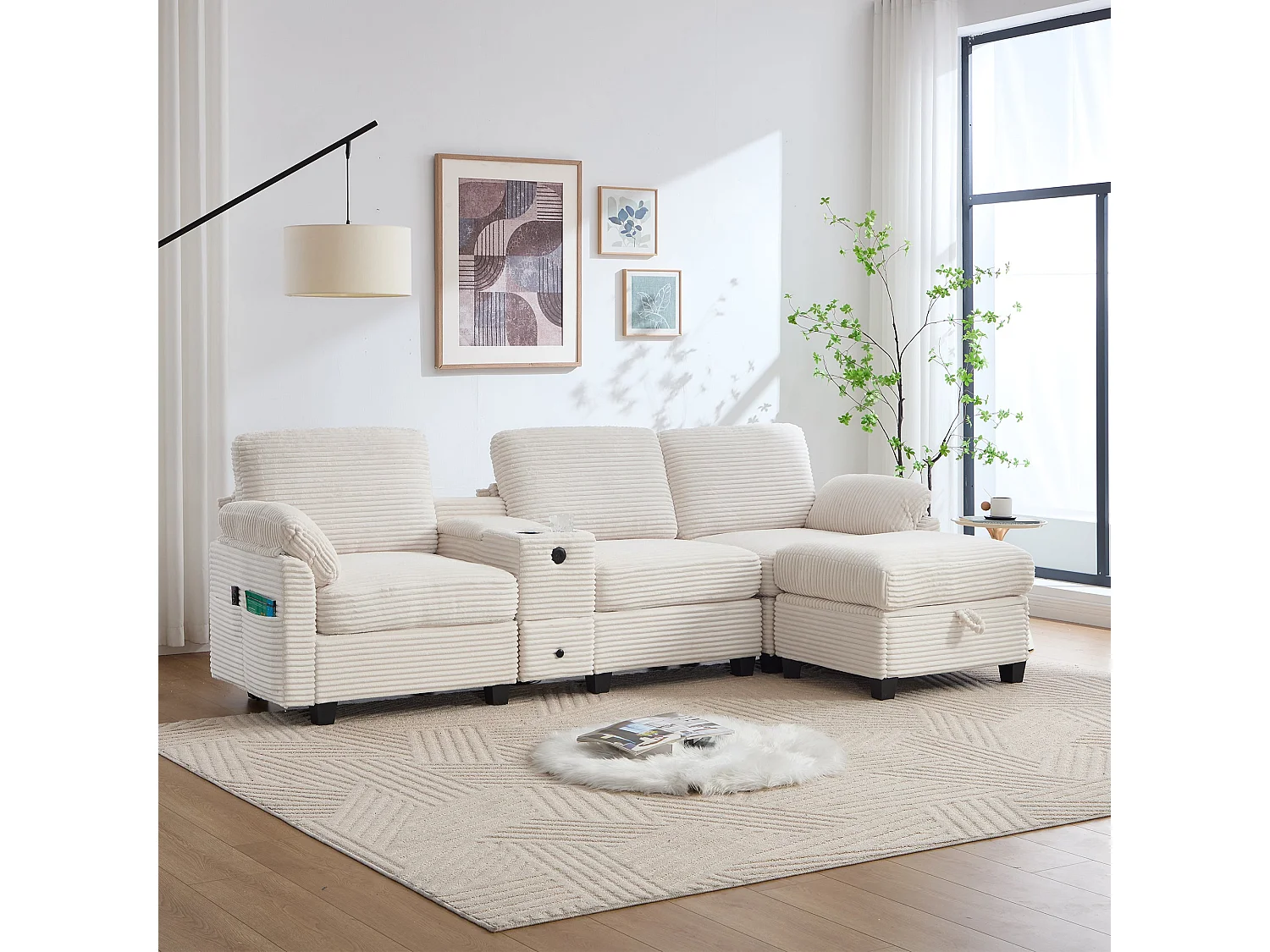 Canapé d’Angle en Velours Côtelé avec Pouf Coffre, Mousse Mémoire de Forme, Console Coulissante avec Porte-Gobelets, USB-C, Poches Latérales