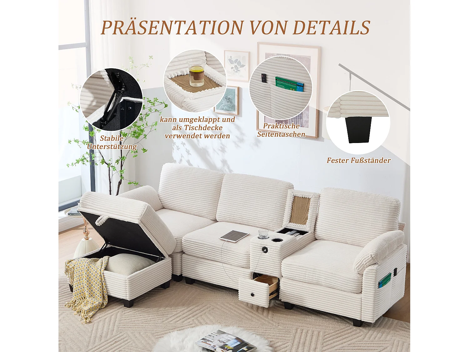 Canapé d'angle convertible 4 places avec coffre avec pouf en velours côtelé beige FELICITY