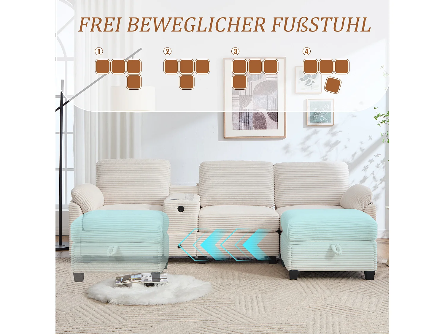 Canapé d'angle convertible 4 places avec coffre avec pouf en velours côtelé beige FELICITY