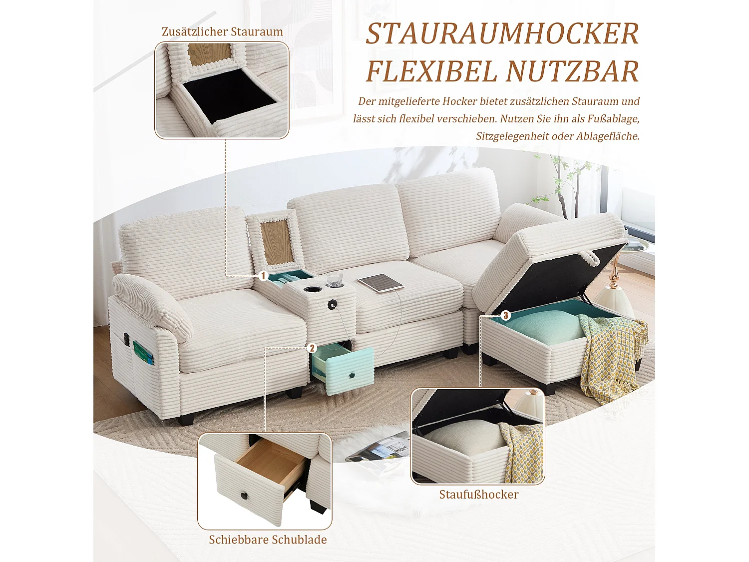 Canapé d'angle convertible 4 places avec coffre avec pouf en velours côtelé beige FELICITY