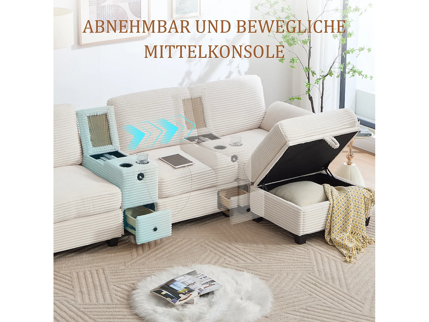 Canapé d'angle convertible 4 places avec coffre avec pouf en velours côtelé beige FELICITY