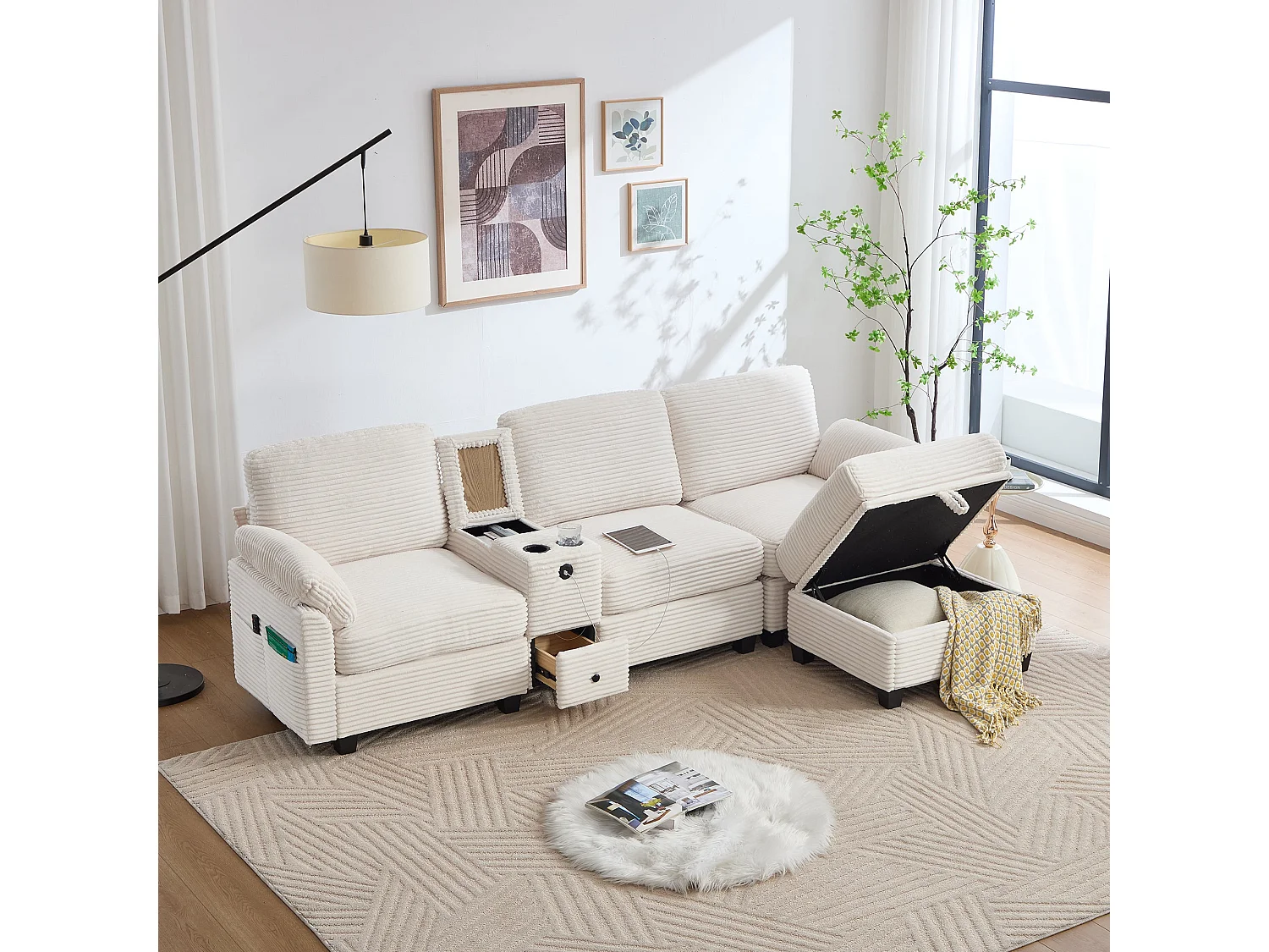 Canapé d'angle convertible 4 places avec coffre avec pouf en velours côtelé beige FELICITY