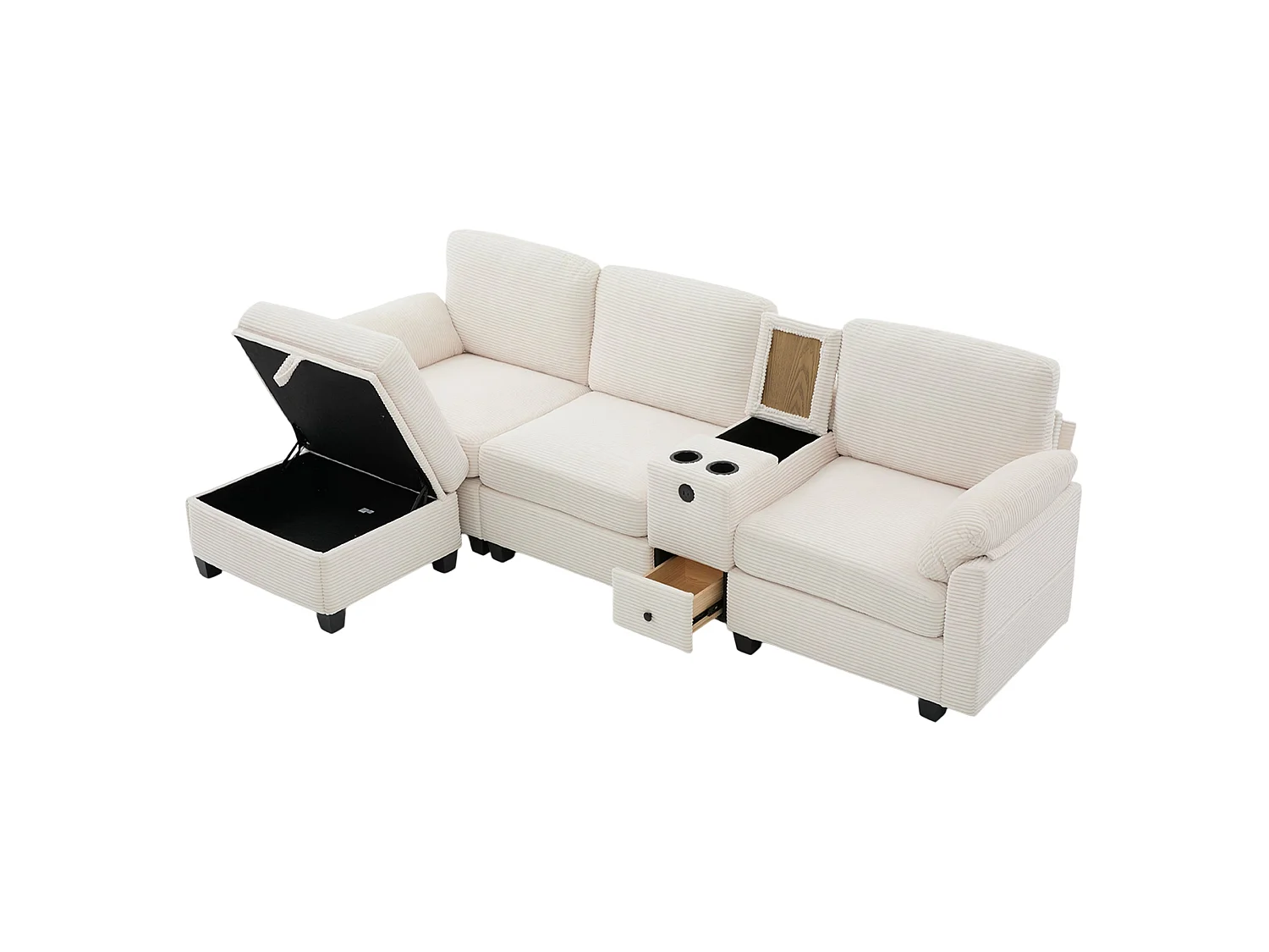 Canapé d'angle convertible 4 places avec coffre avec pouf en velours côtelé beige FELICITY