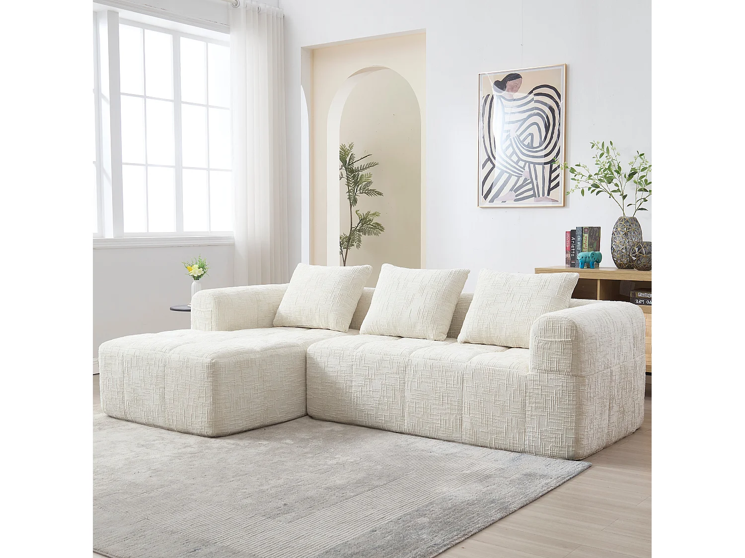 Canapé Modulable 3-4 Places avec Méridienne, Tissu Effet Neige Doux, Mousse Haute Densité, Poches Latérales, Sans Montage