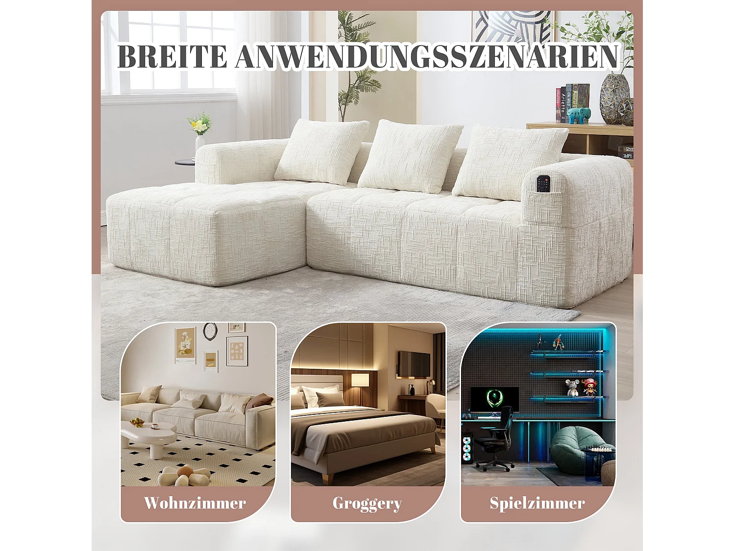 Canapé Modulable 3-4 Places avec Méridienne, Tissu Effet Neige Doux, Mousse Haute Densité, Poches Latérales, Sans Montage