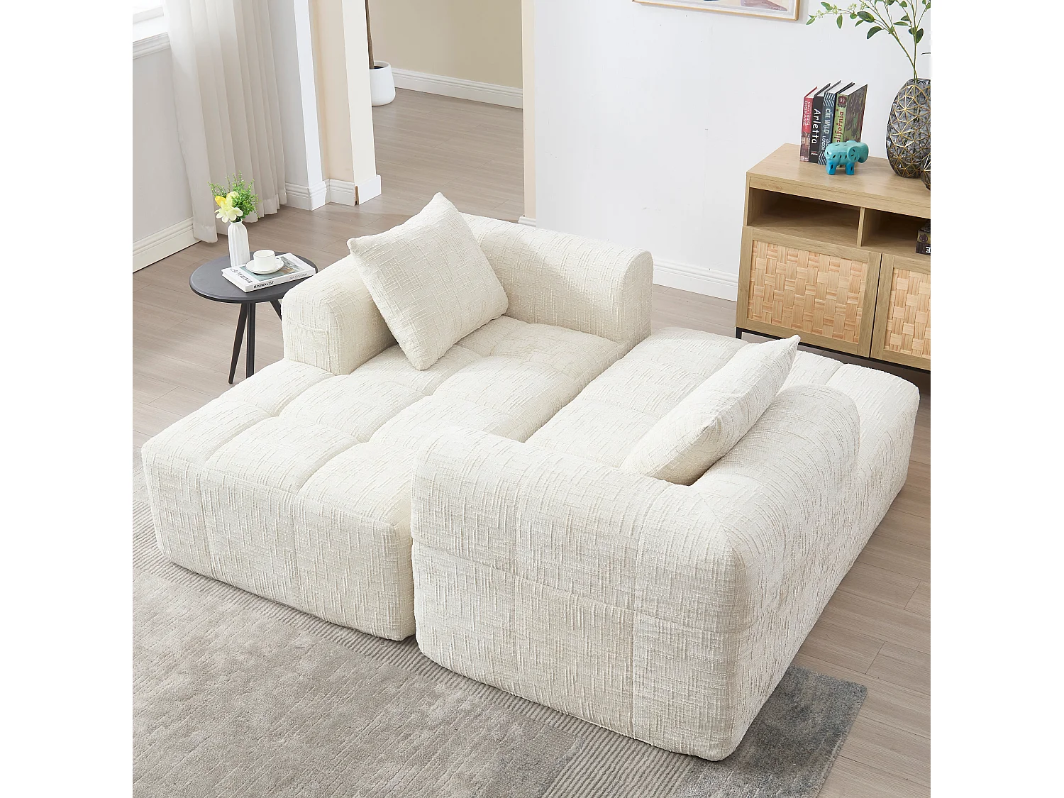 Canapé Modulable 3-4 Places avec Méridienne, Tissu Effet Neige Doux, Mousse Haute Densité, Poches Latérales, Sans Montage