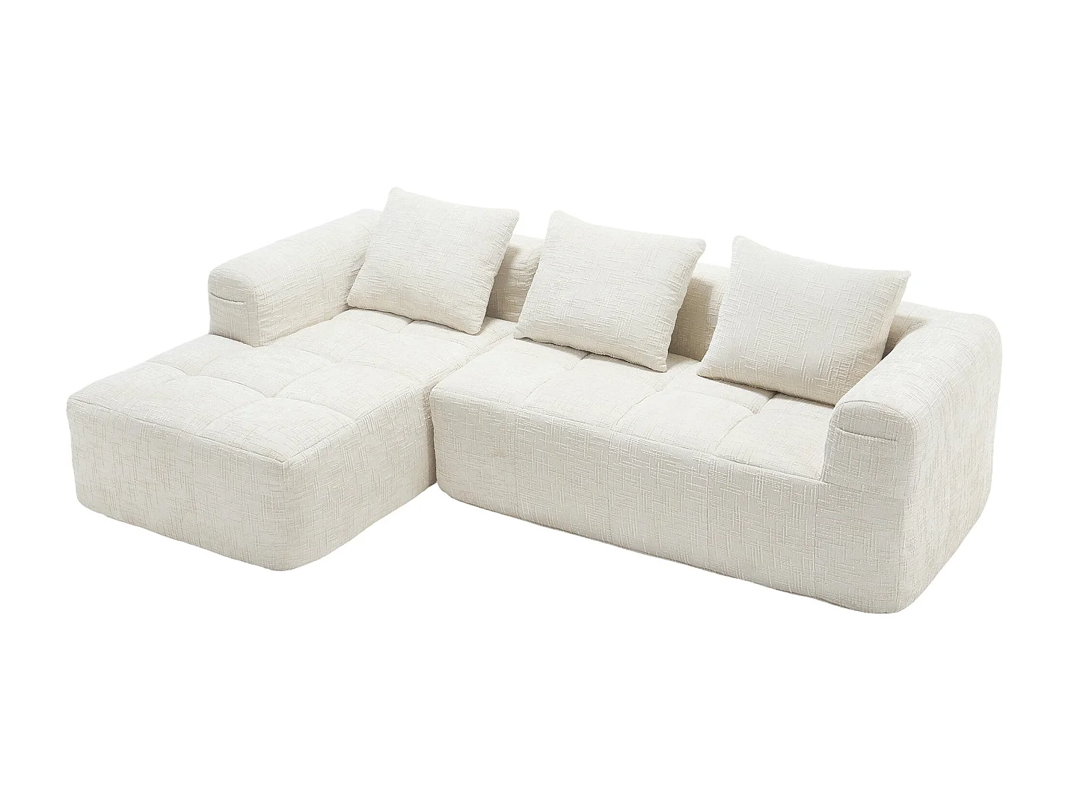 Canapé Modulable 3-4 Places avec Méridienne, Tissu Effet Neige Doux, Mousse Haute Densité, Poches Latérales, Sans Montage