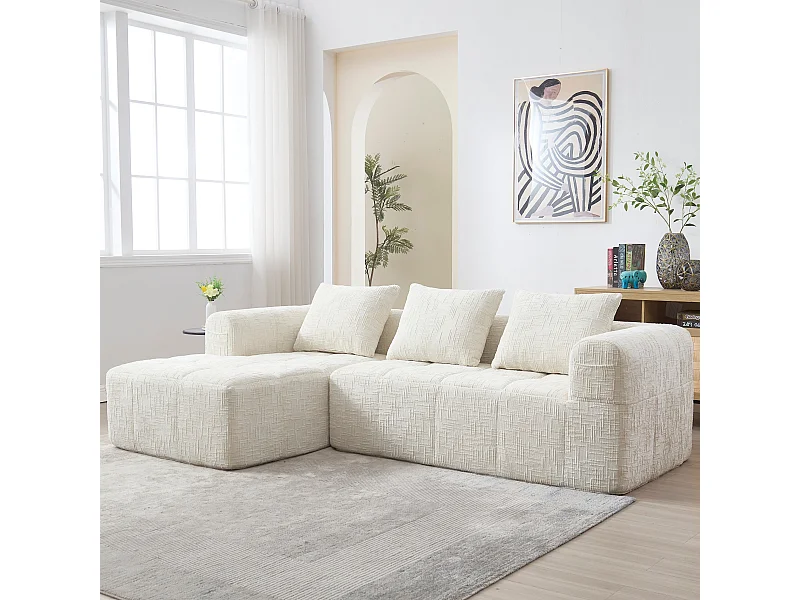 Canapé Modulable 3-4 Places avec Méridienne, Tissu Effet Neige Doux, Mousse Haute Densité, Poches Latérales, Sans Montage