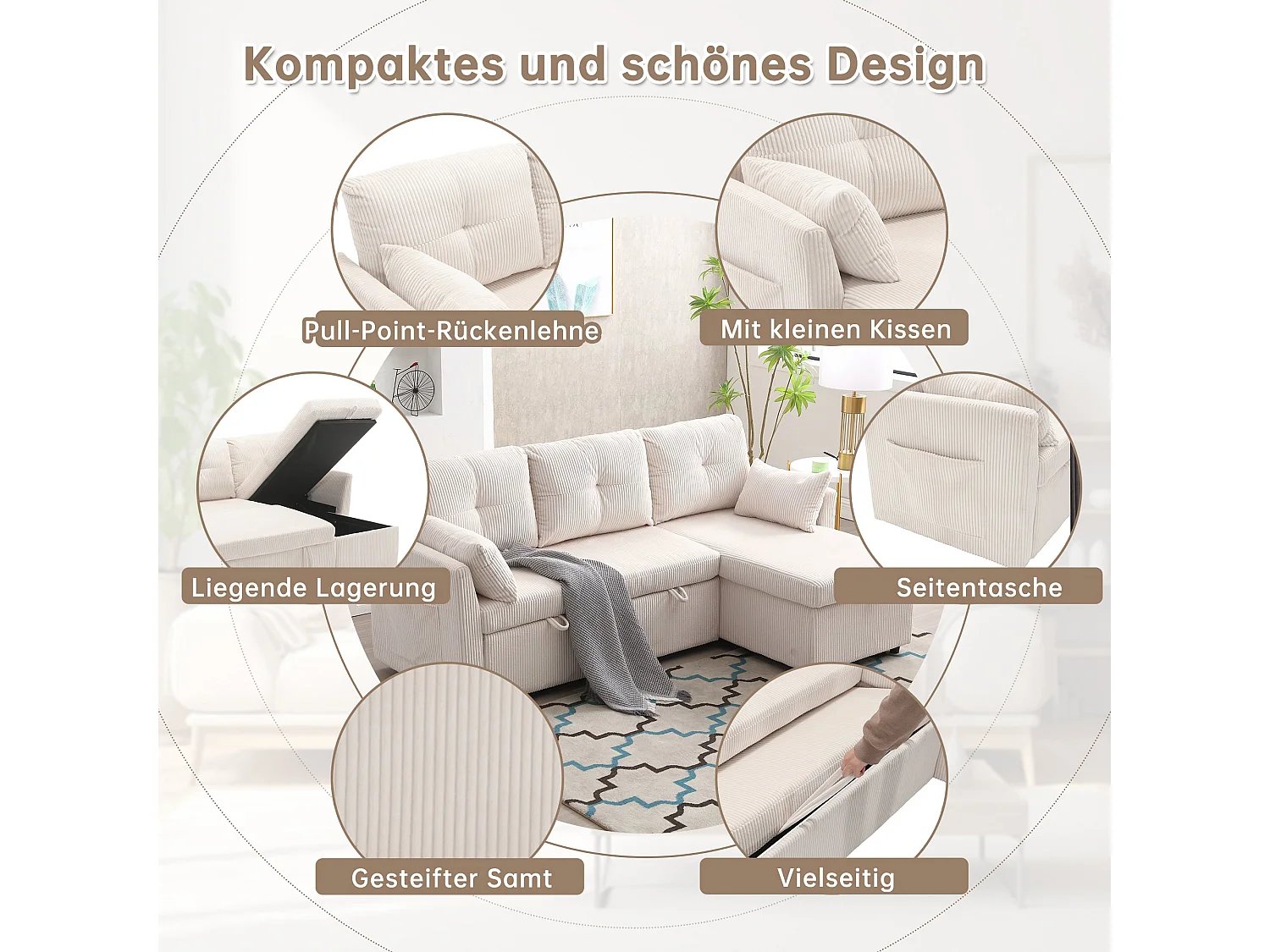 Canapé-Lit d’Angle Modulable avec Méridienne Réversible, Coffre de Rangement, Tissu Côtelé Beige, Convertible en Lit