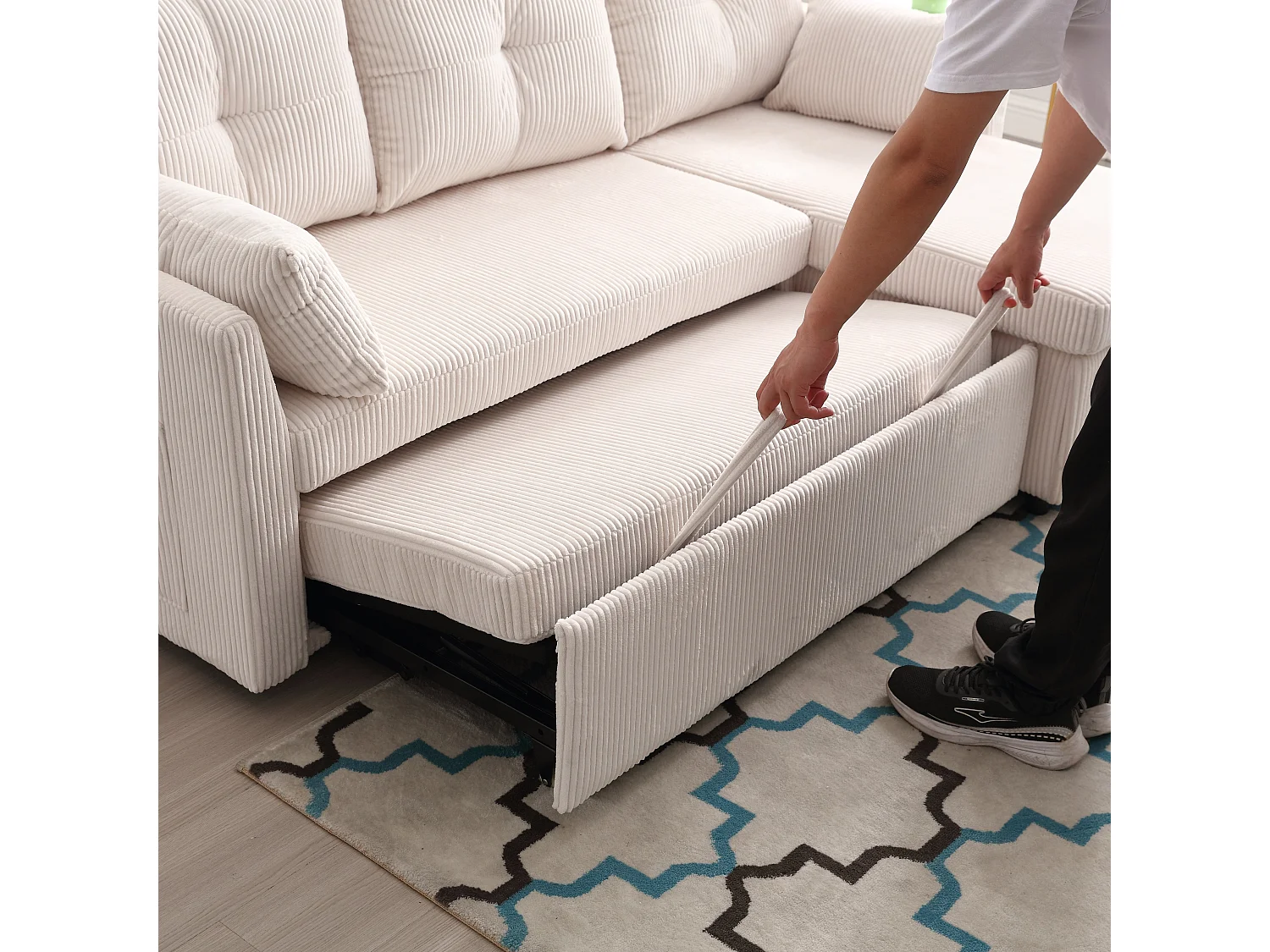 Canapé-Lit d’Angle Modulable avec Méridienne Réversible, Coffre de Rangement, Tissu Côtelé Beige, Convertible en Lit