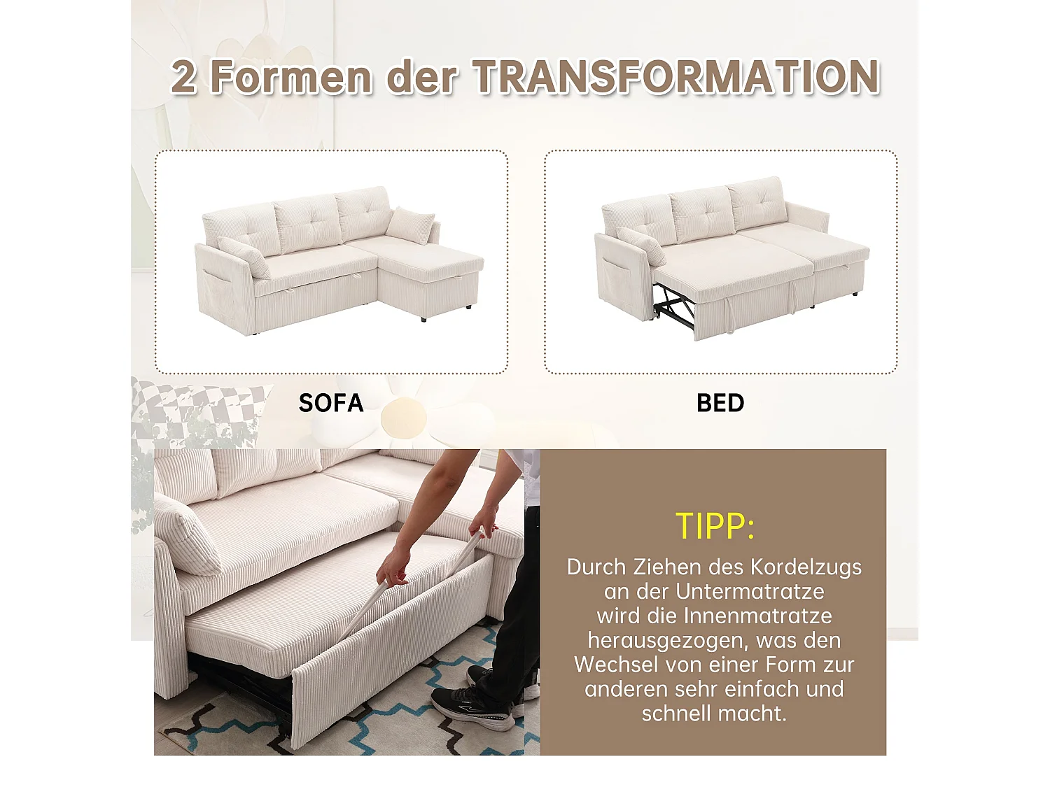 Canapé-Lit d’Angle Modulable avec Méridienne Réversible, Coffre de Rangement, Tissu Côtelé Beige, Convertible en Lit