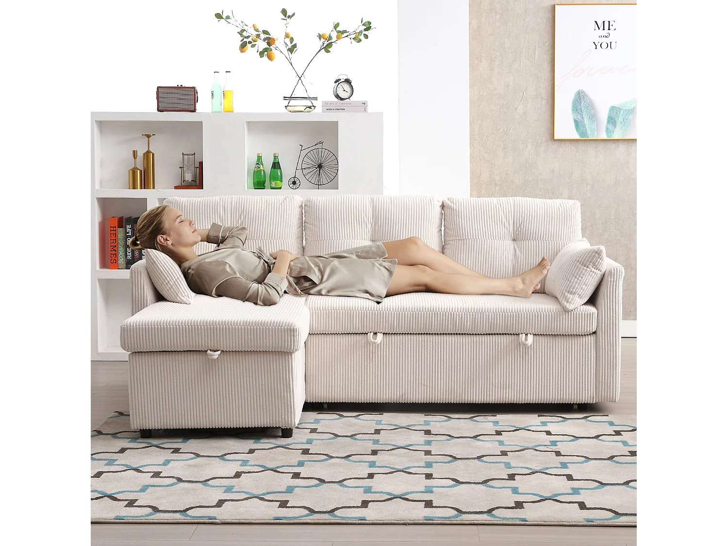 Canapé-Lit d’Angle Modulable avec Méridienne Réversible, Coffre de Rangement, Tissu Côtelé Beige, Convertible en Lit