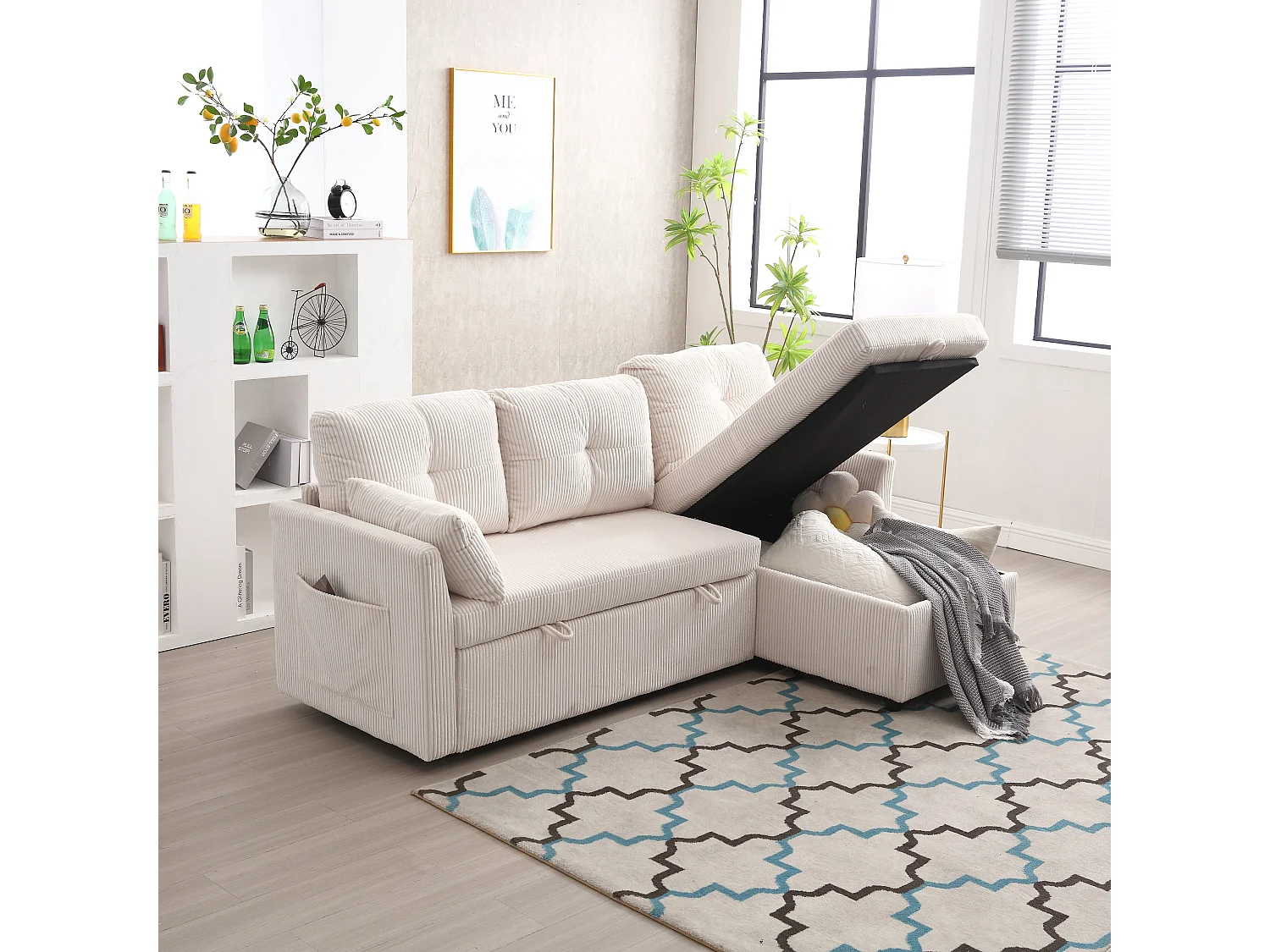 Canapé-Lit d’Angle Modulable avec Méridienne Réversible, Coffre de Rangement, Tissu Côtelé Beige, Convertible en Lit