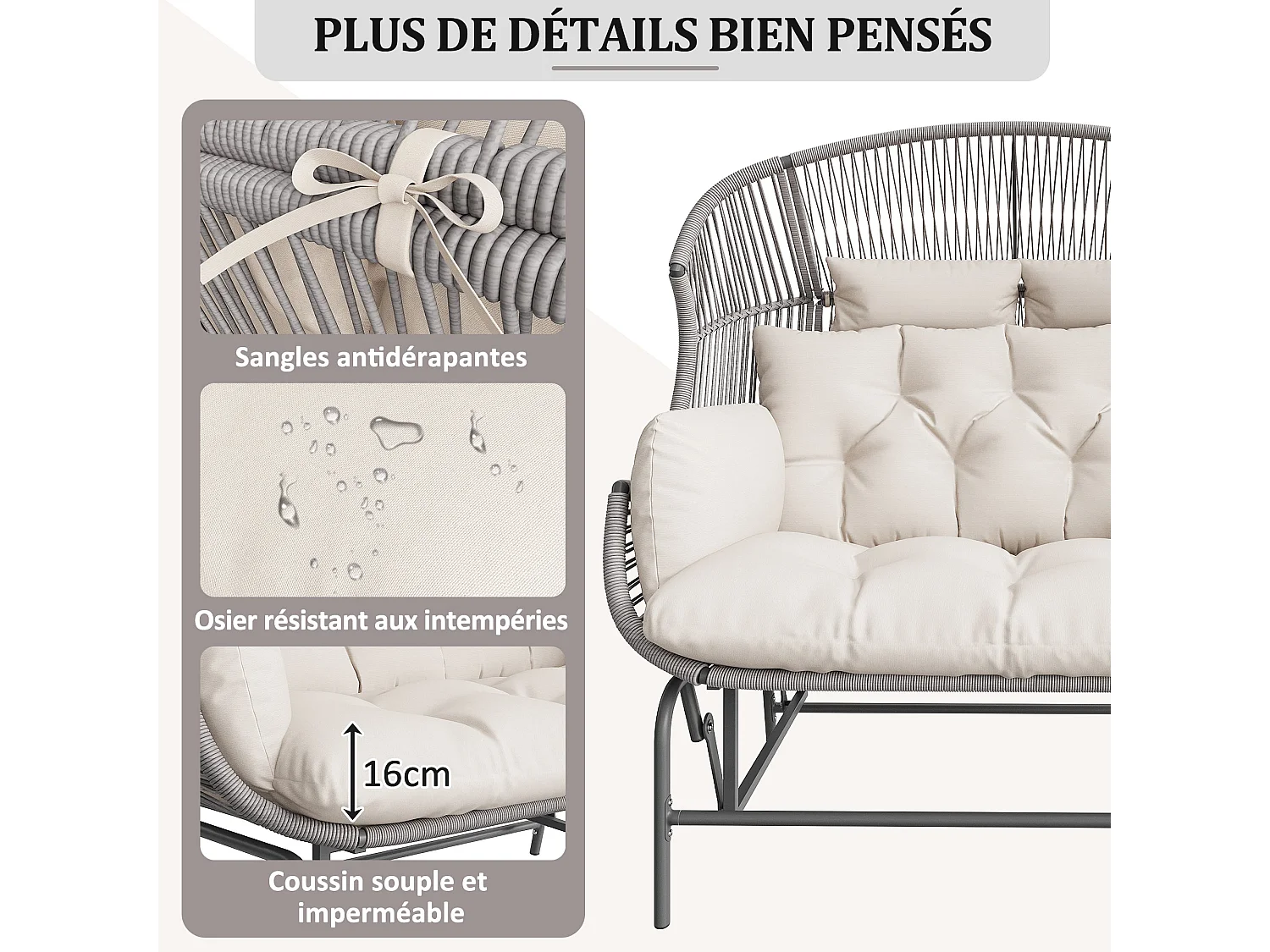 Balancelle de jardin double grise, balancelle d’extérieur,fauteuil œuf suspendu d’extérieur,idéale pour jardin