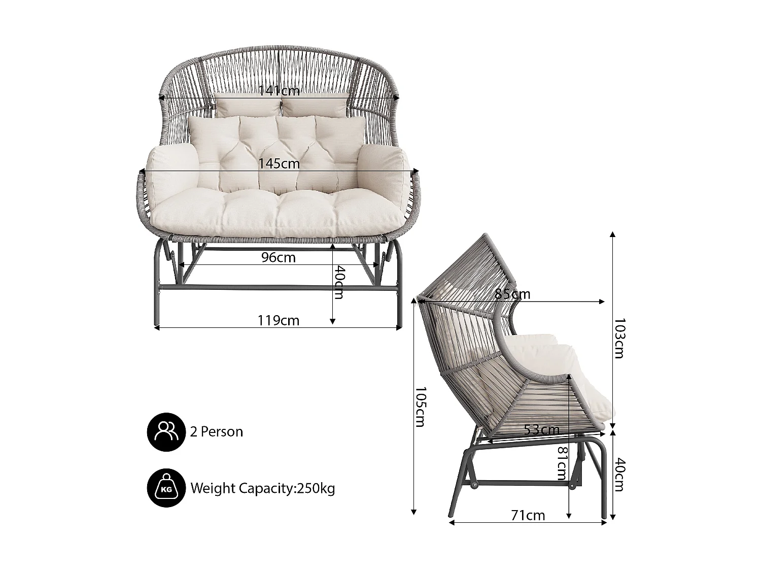 Balancelle de jardin double grise, balancelle d’extérieur,fauteuil œuf suspendu d’extérieur,idéale pour jardin