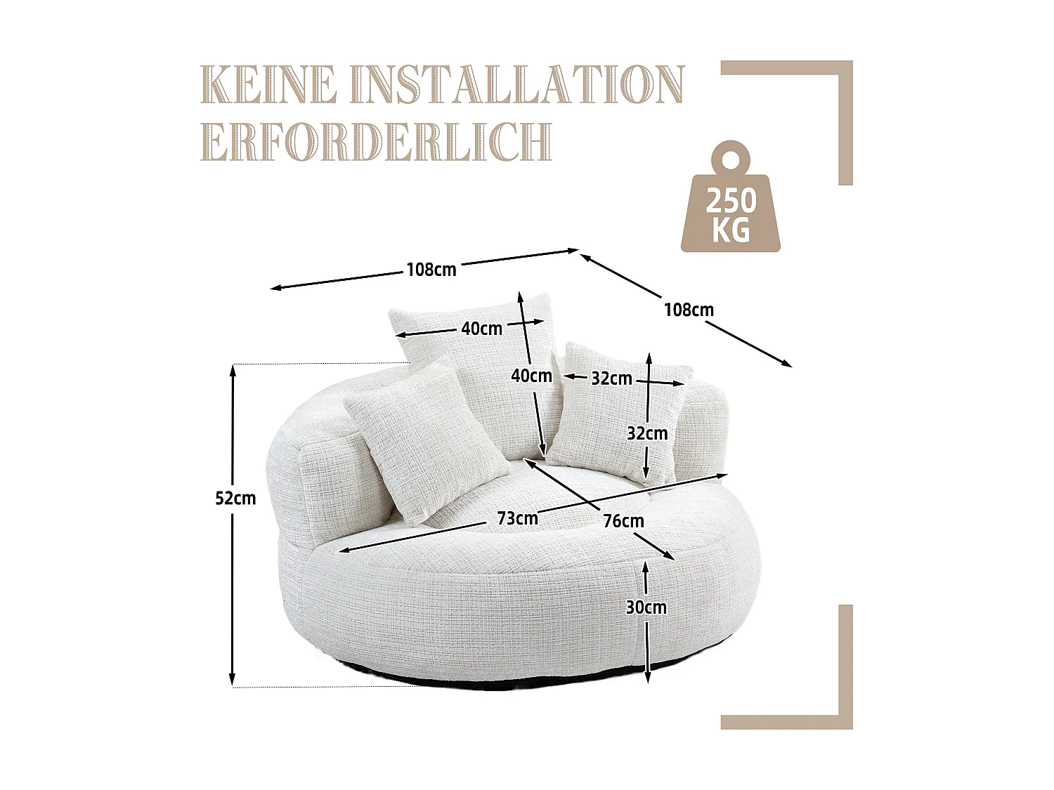 Canapé compressé 1 place, mousse mémoire haute résilience, 3 coussins, beige