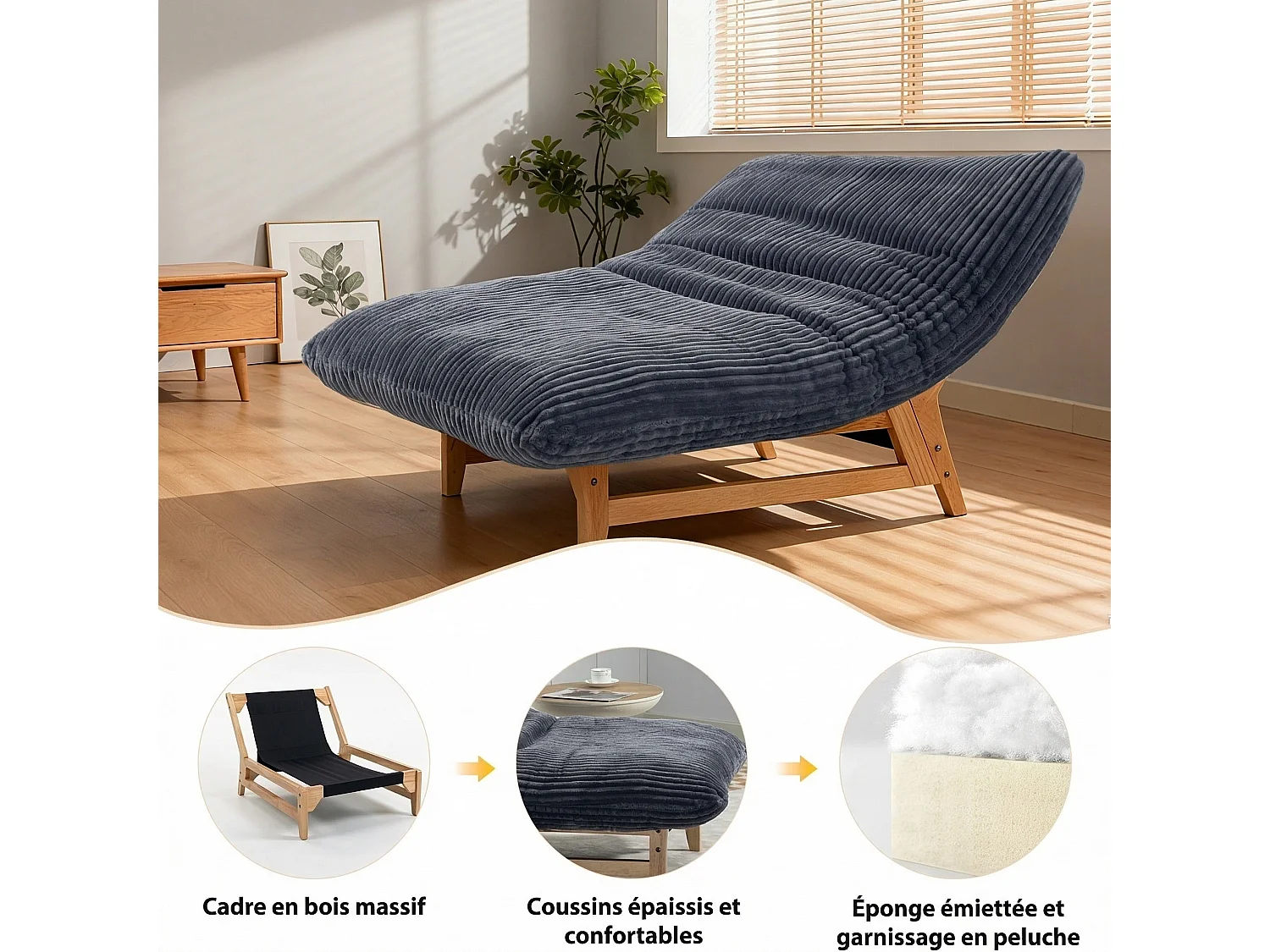 Fauteuil beanbag gris, fauteuil individuel décontracté sans accoudoirs, en tissu côtelé.