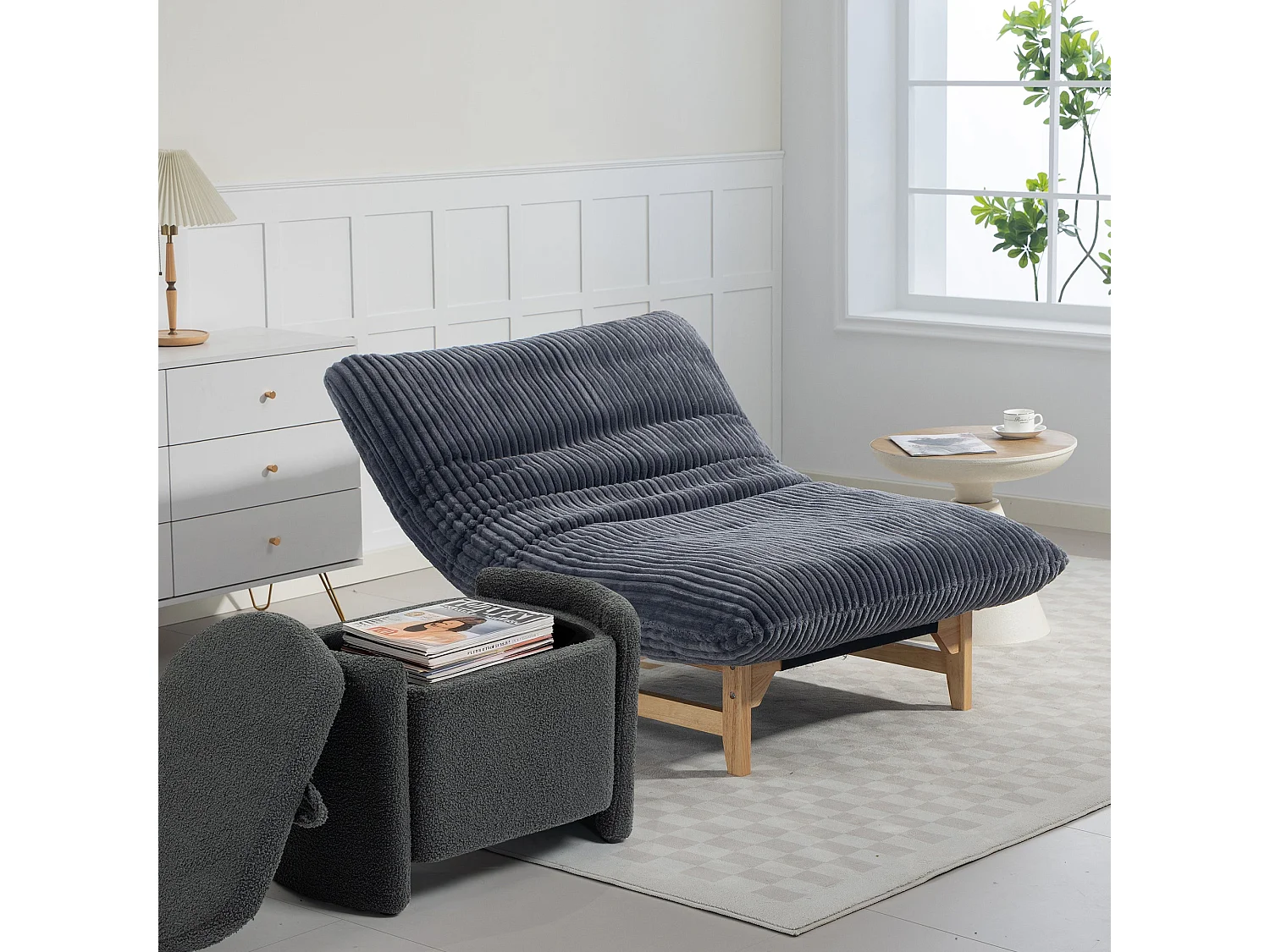 Fauteuil beanbag gris, fauteuil individuel décontracté sans accoudoirs, en tissu côtelé.