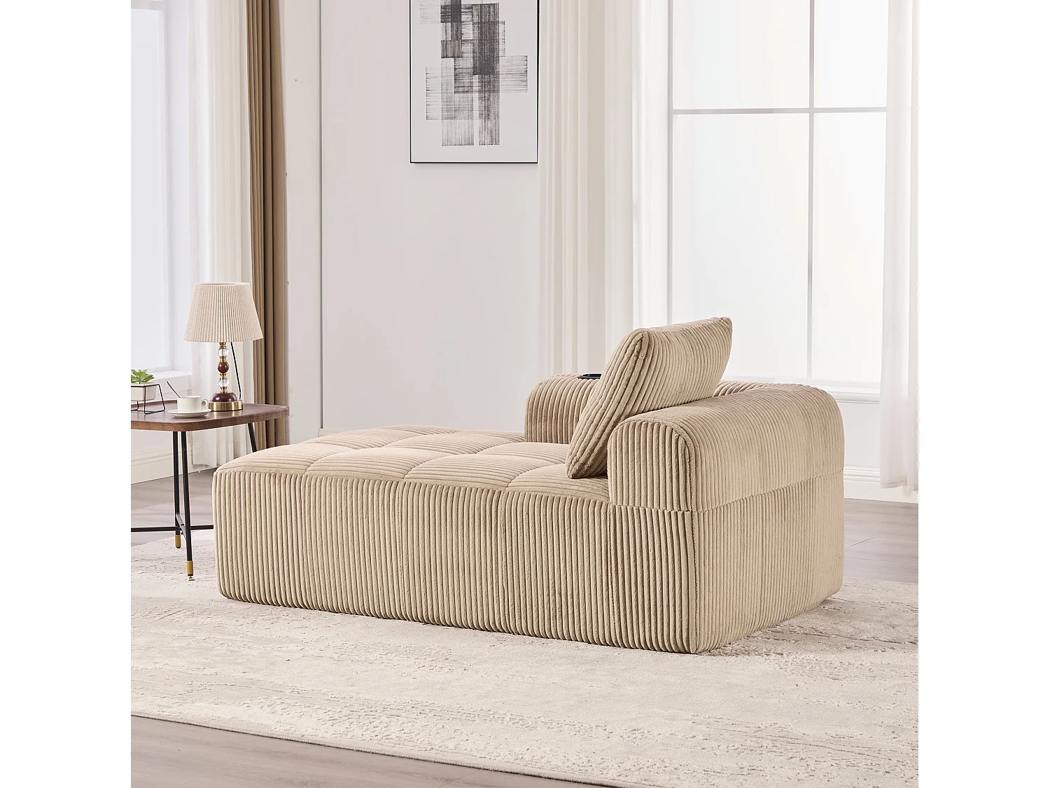 1-zits bank van ribfluweel met bekerhouders en zijvakken, hoogwaardig schuim met veren, compact ontwerp