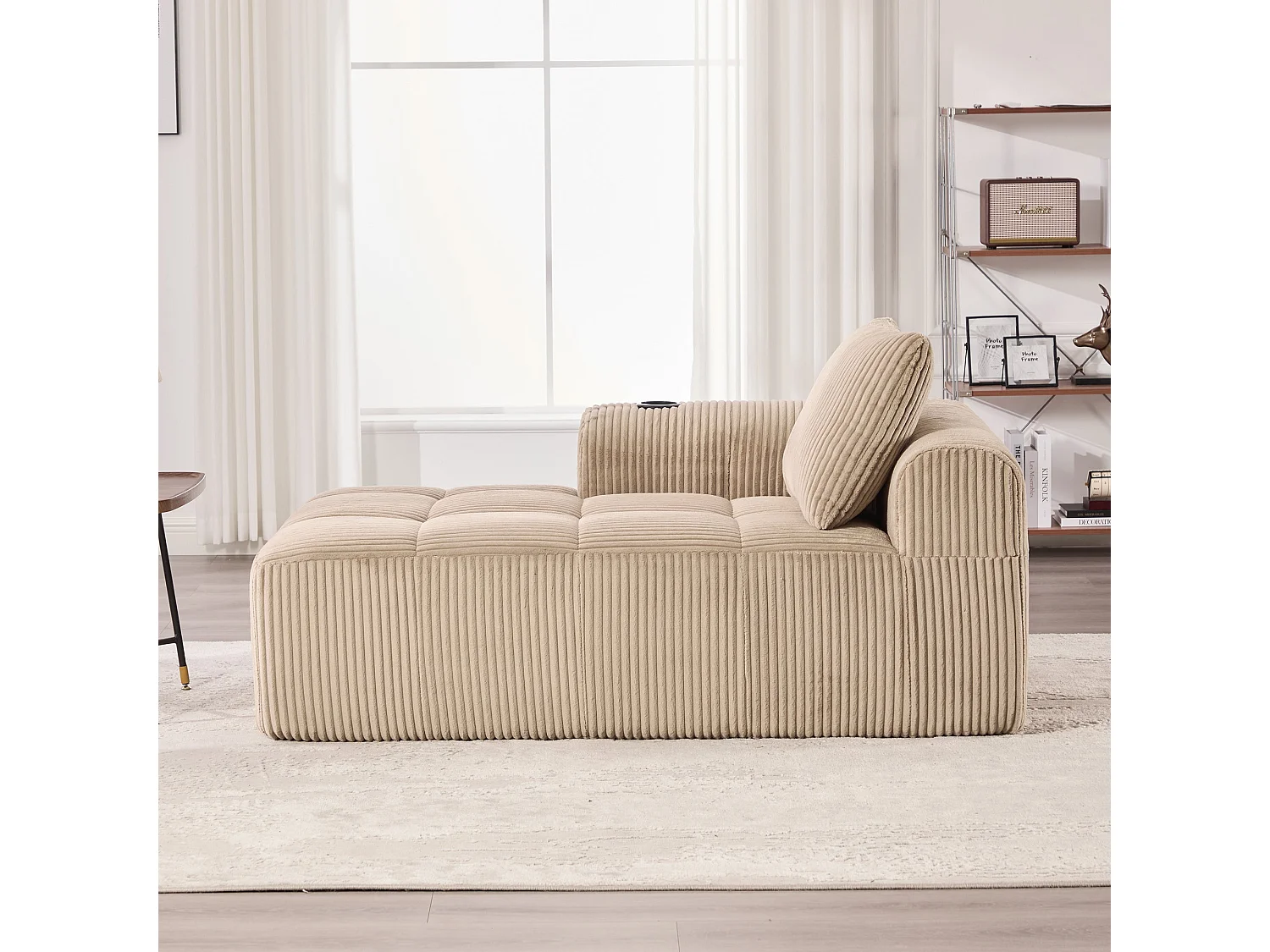 1-zits bank van ribfluweel met bekerhouders en zijvakken, hoogwaardig schuim met veren, compact ontwerp